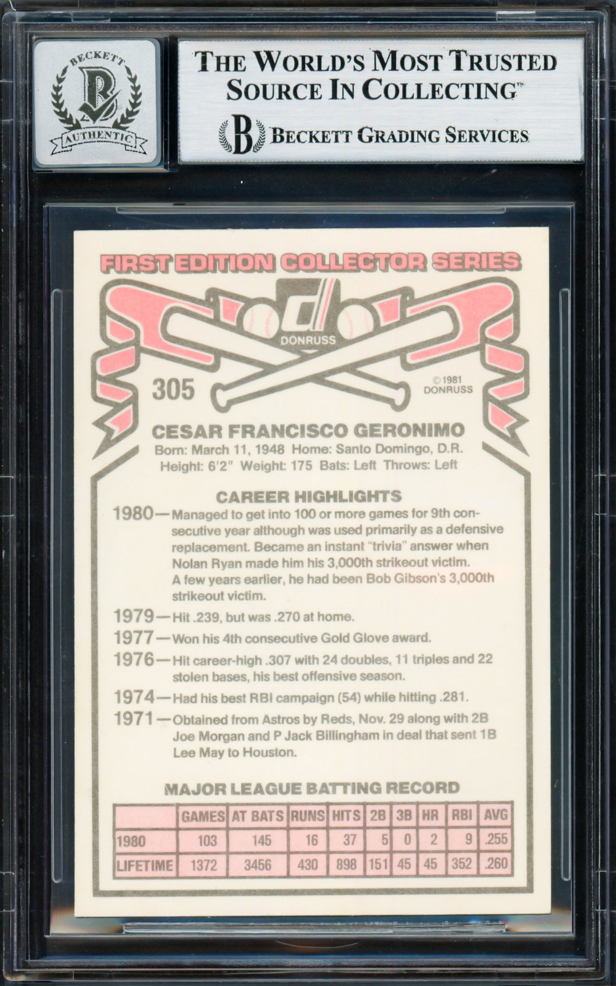 Cesar Geronimo Autographed 1981 Donruss Card #305 Cincinnati Reds Auto Grade Gem Mint 10 Beckett BAS #18629702