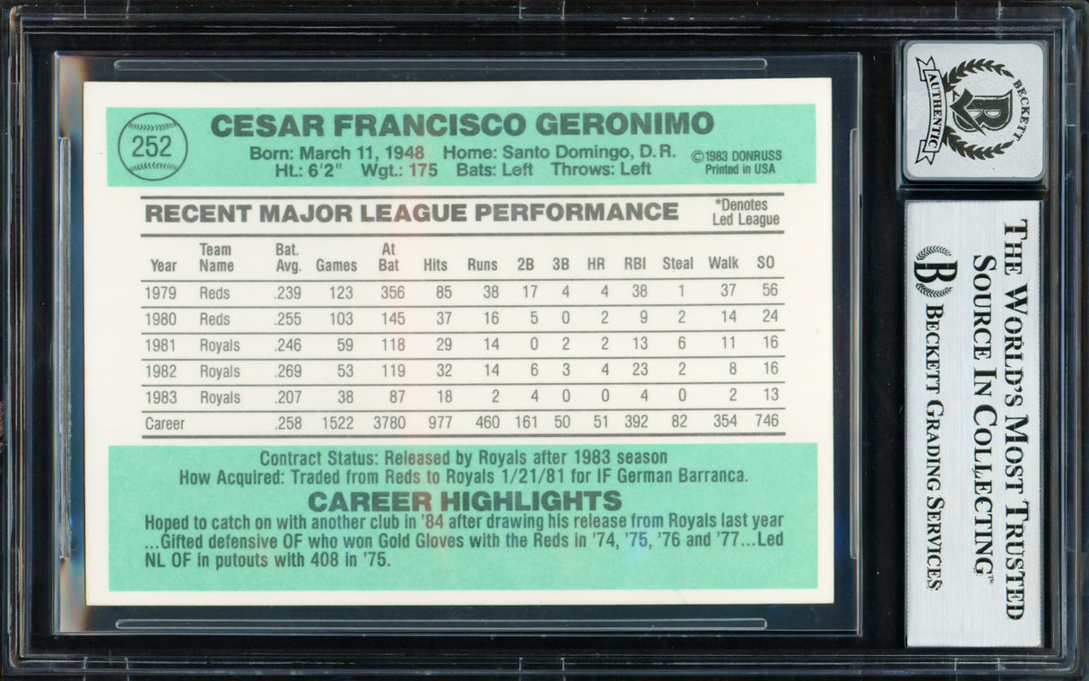 Cesar Geronimo Autographed 1984 Donruss Card #252 Kansas City Royals Auto Grade Gem Mint 10 Beckett BAS #18629878