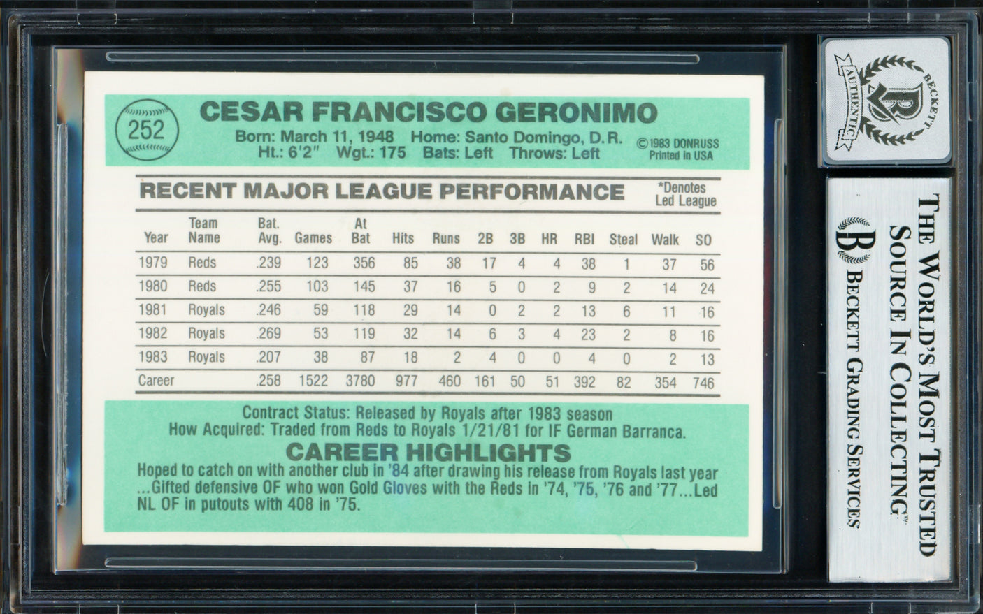 Cesar Geronimo Autographed 1984 Donruss Card #252 Kansas City Royals Auto Grade Gem Mint 10 Beckett BAS #18629879