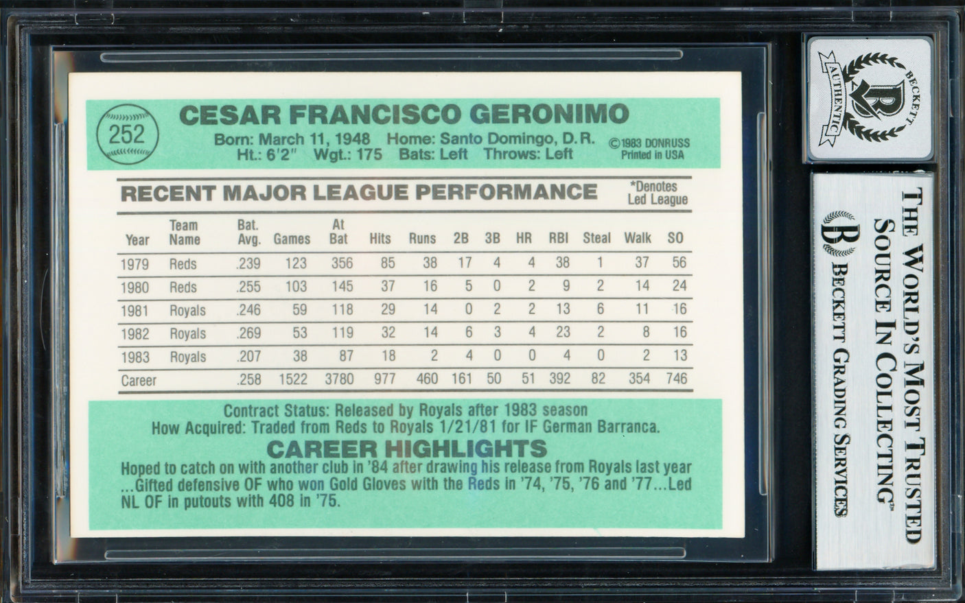 Cesar Geronimo Autographed 1984 Donruss Card #252 Kansas City Royals Auto Grade Gem Mint 10 Beckett BAS #18629876