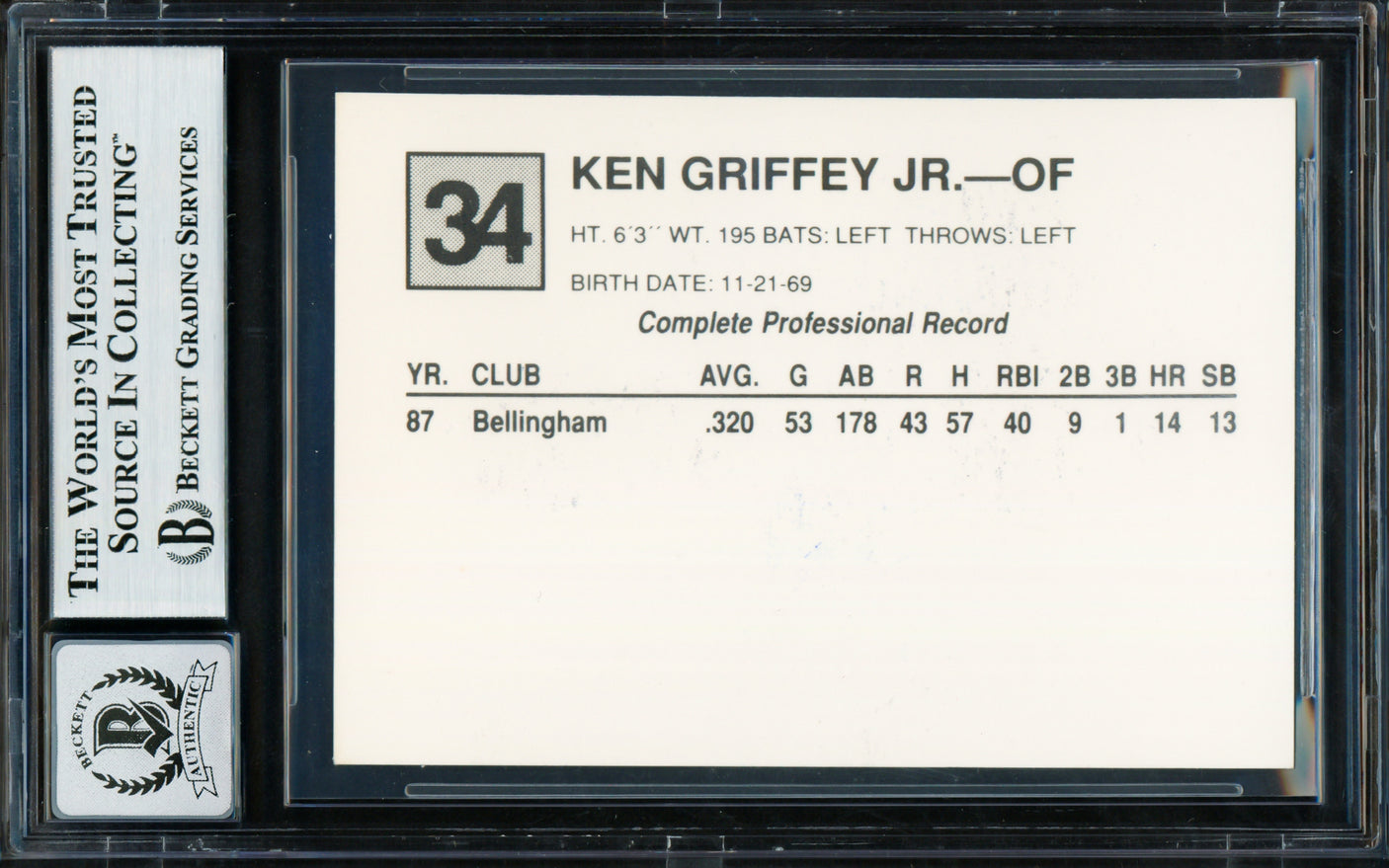 Ken Griffey Jr. Autographed 1988 California League Rookie Card #34 San Bernardino Spirit Auto Grade Gem Mint 10 Beckett BAS #18629506