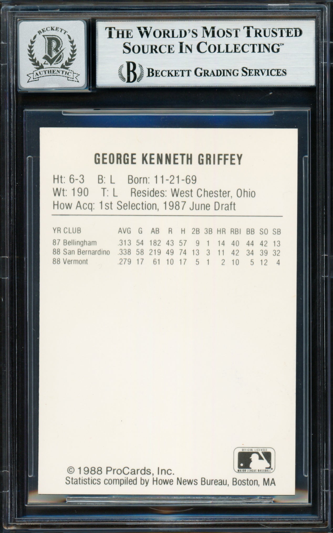 Ken Griffey Jr. Autographed 1988 Procards Rookie Card Vermont Mariners Auto Grade Gem Mint 10 Beckett BAS #18629576