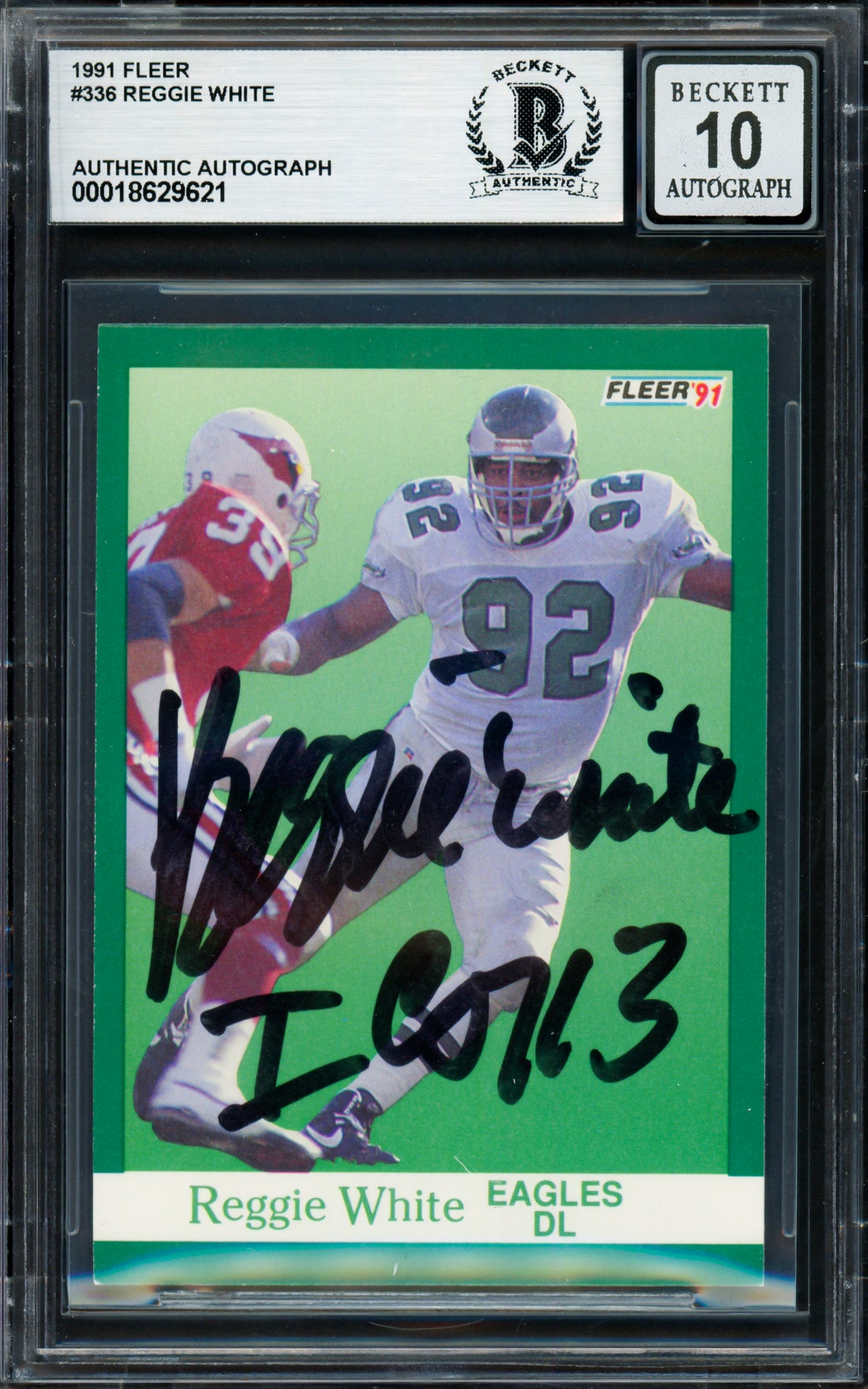 Reggie White Autographed 1991 Fleer Card #336 Philadelphia Eagles Auto Grade Gem Mint 10 Beckett BAS #18629621