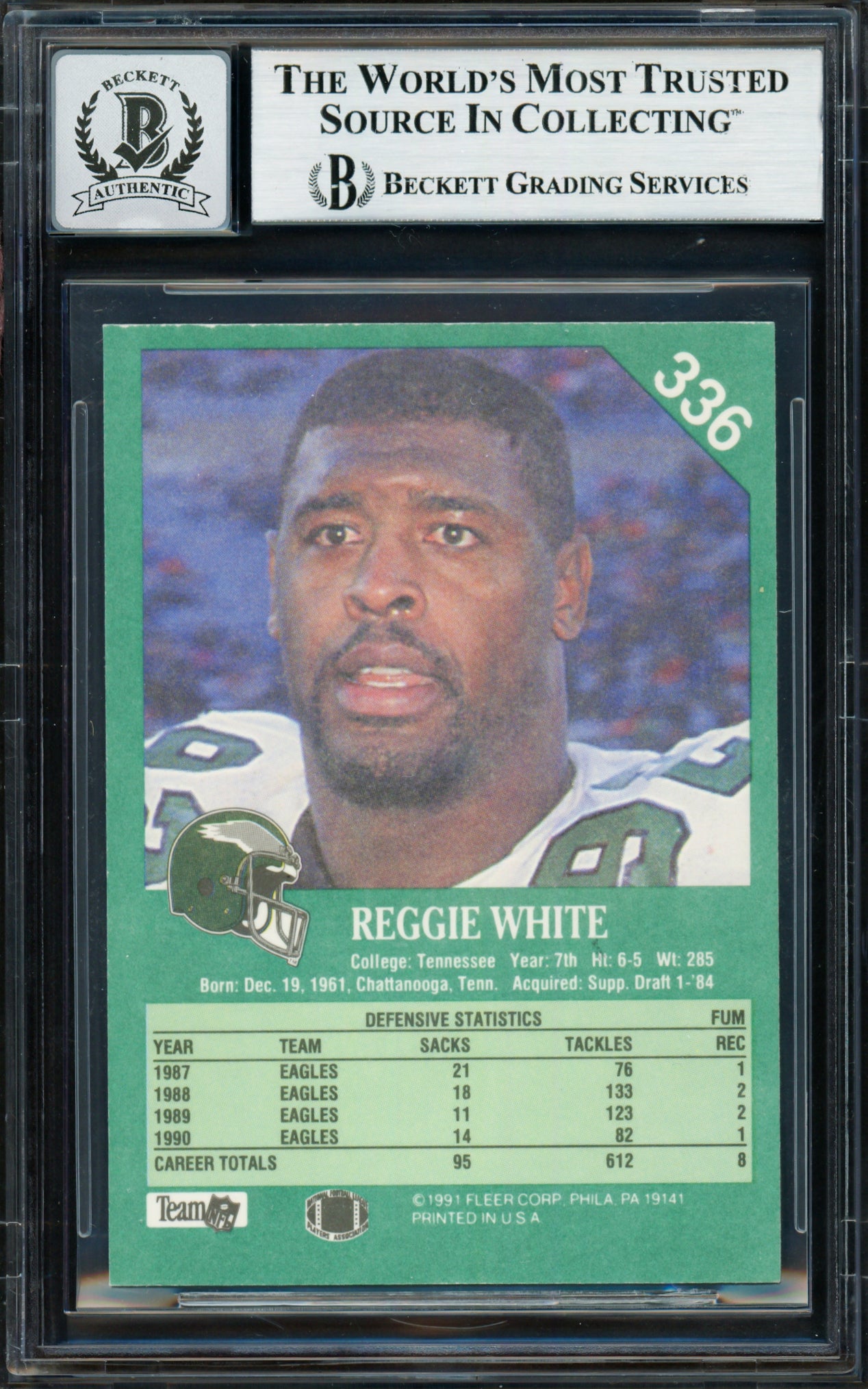 Reggie White Autographed 1991 Fleer Card #336 Philadelphia Eagles Auto Grade Gem Mint 10 Beckett BAS #18629621