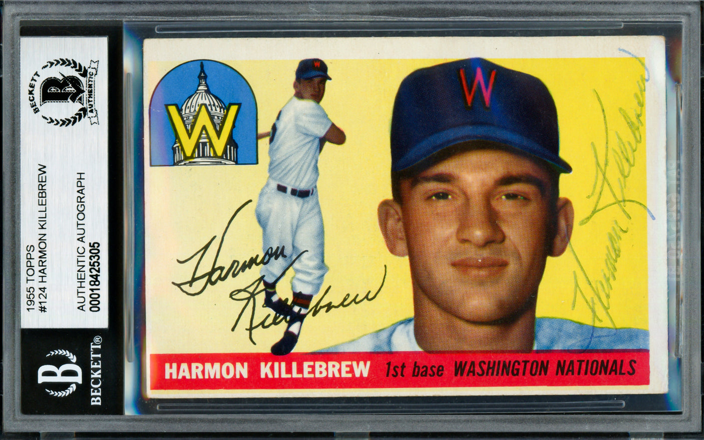 Harmon Killebrew Autographed 1955 Topps Rookie Card #124 Washington Nationals Beckett BAS #18425305