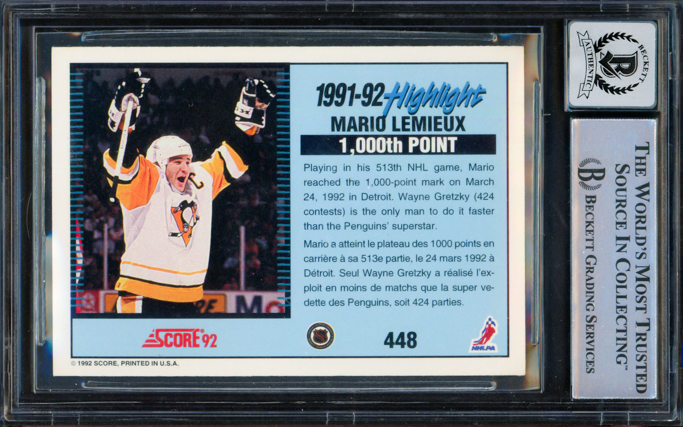 Mario Lemieux Autographed 1992-93 Score Canadian Card #448 Pittsburgh Penguins Auto Grade Gem Mint 10 Beckett BAS #15496612