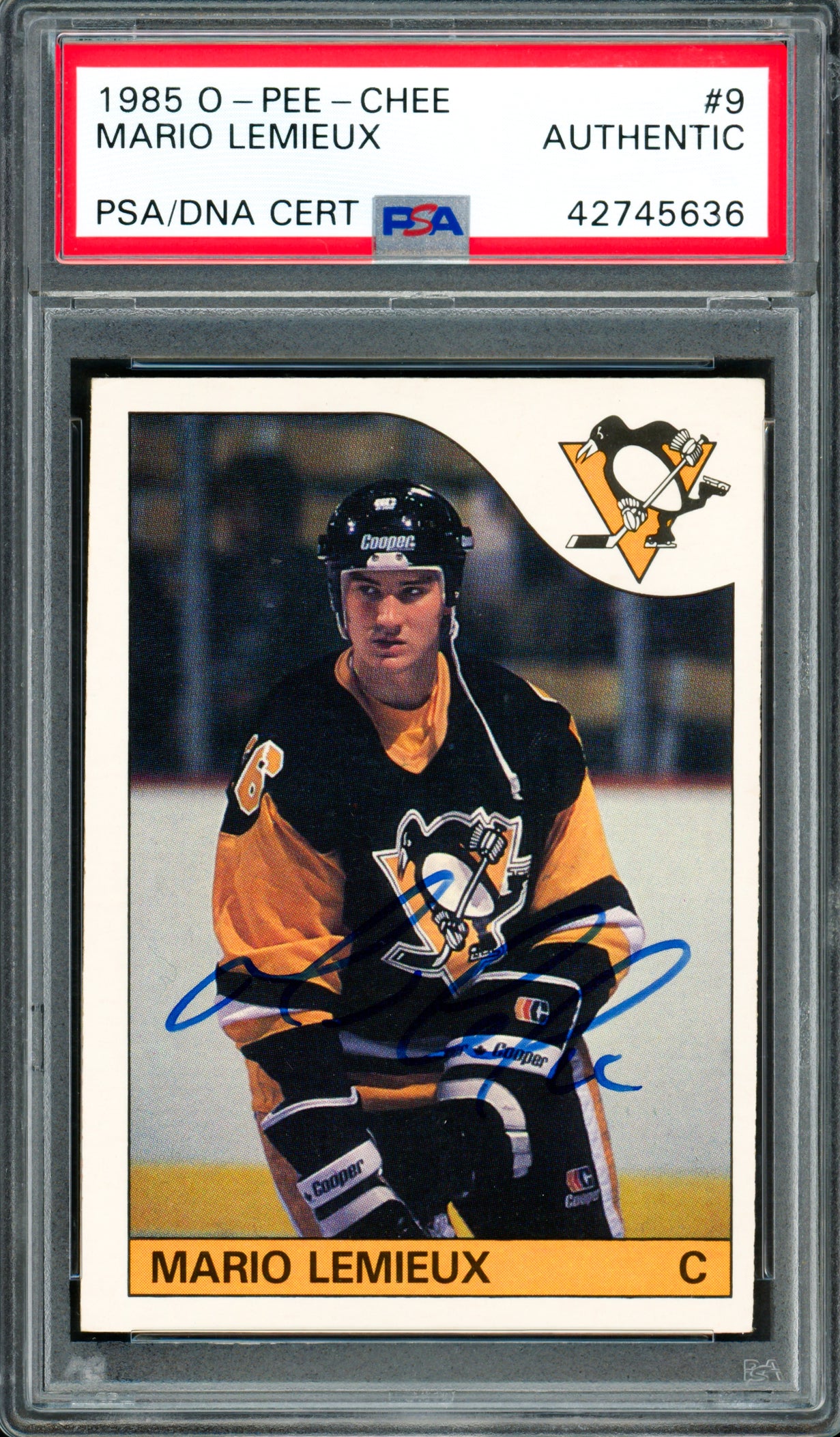 Mario Lemieux Autographed 1985-86 O-PEE-CHEE Rookie Card #9 Pittsburgh Penguins PSA/DNA #42745636