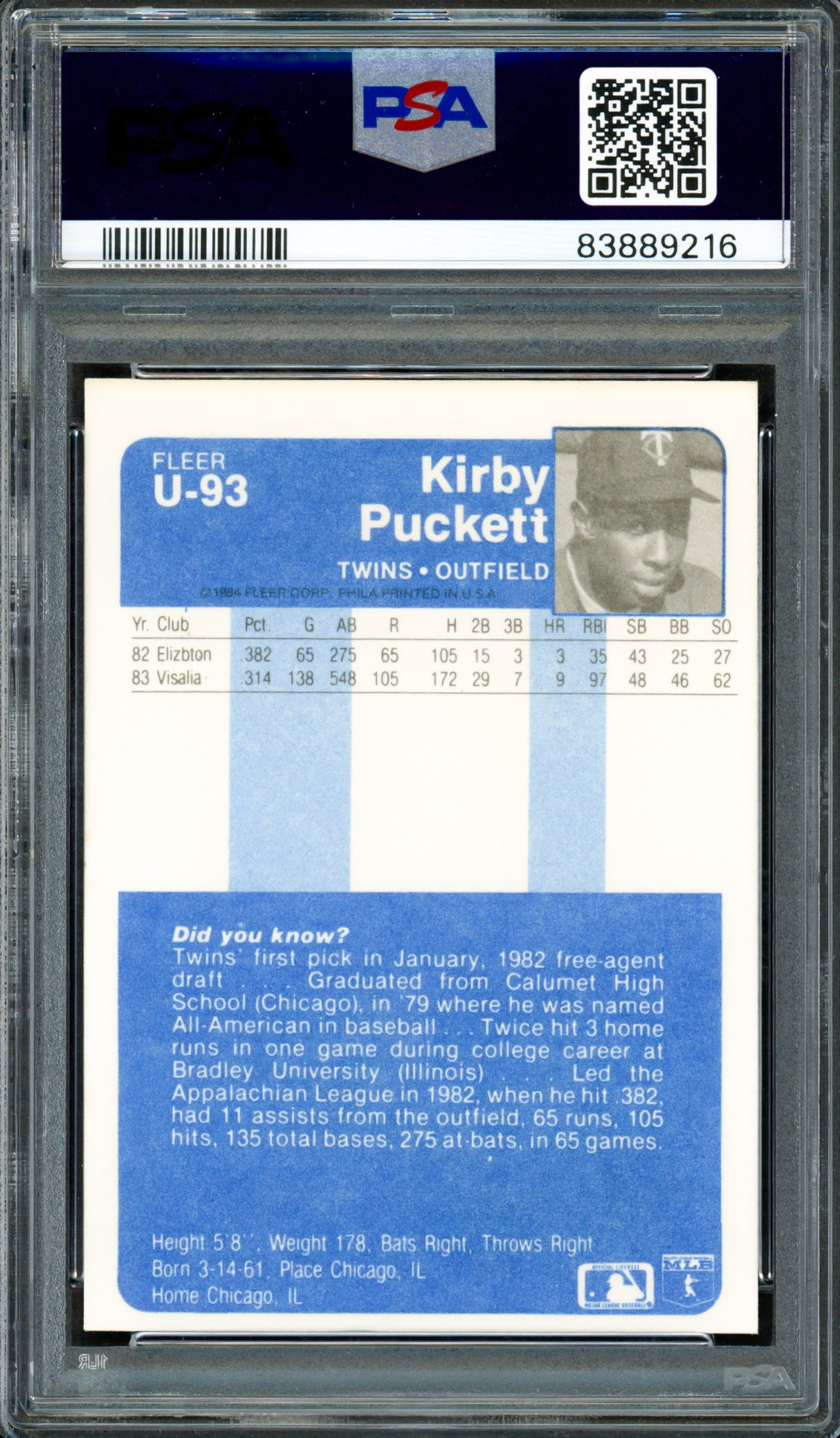 Kirby Puckett Autographed 1984 Fleer Update Rookie Card #U-93 Minnesota Twins Auto Grade Mint 9 PSA/DNA #83889216