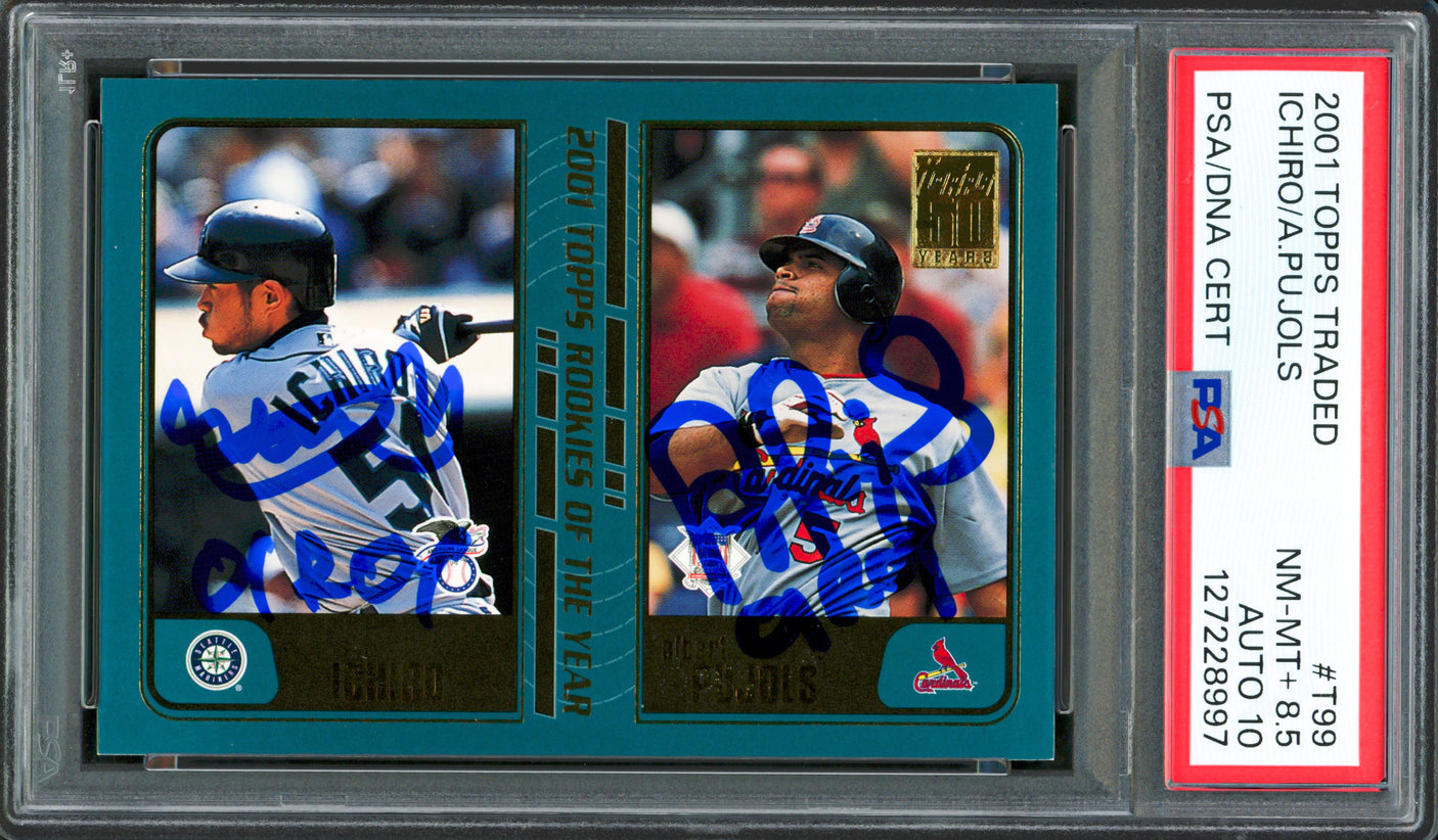 Albert Pujols & Ichiro Suzuki Autographed 2001 Topps Traded Rookie Card #T99 PSA 8.5 Auto Grade Gem Mint 10 "01 ROY" PSA/DNA #127228997