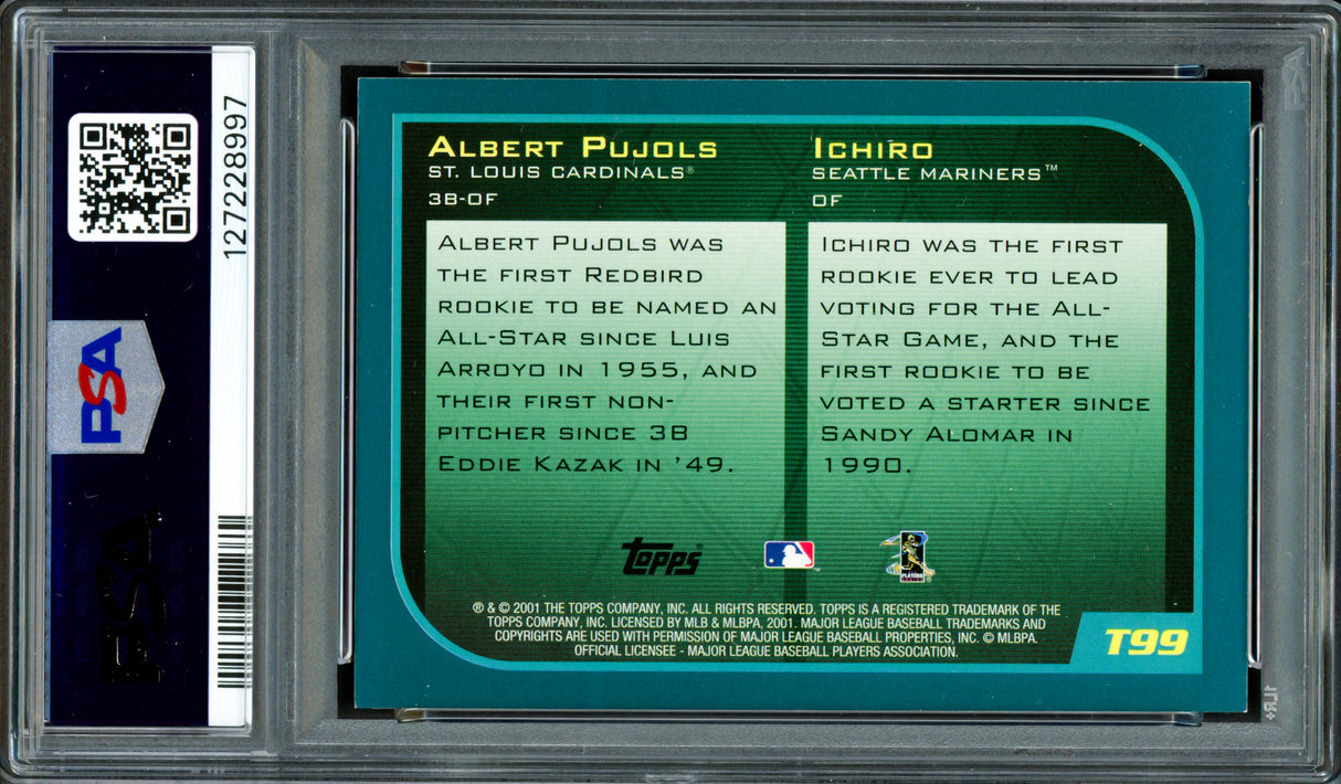 Albert Pujols & Ichiro Suzuki Autographed 2001 Topps Traded Rookie Card #T99 PSA 8.5 Auto Grade Gem Mint 10 "01 ROY" PSA/DNA #127228997