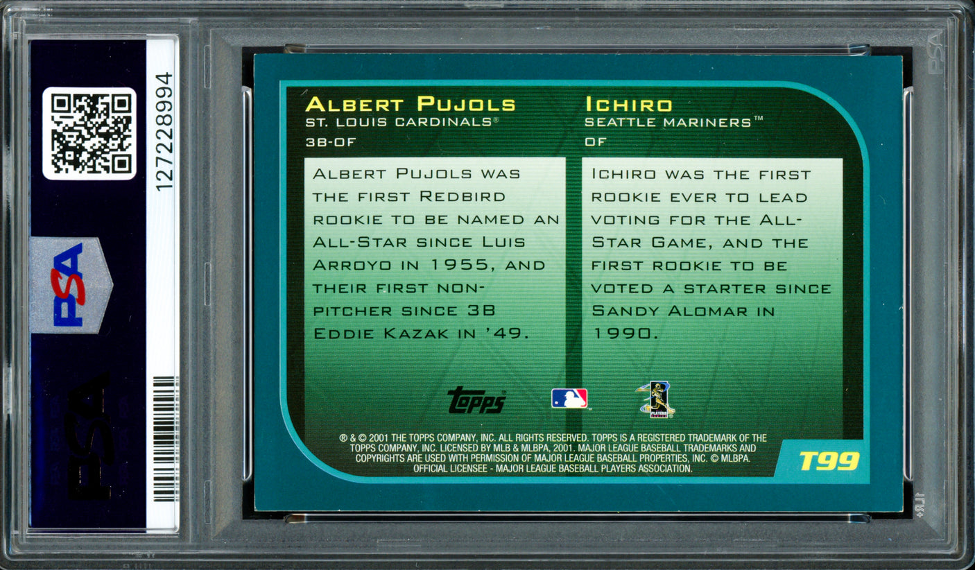 Albert Pujols & Ichiro Suzuki Autographed 2001 Topps Traded Rookie Card #T99 PSA 8 Auto Grade Gem Mint 10 "01 ROY" PSA/DNA #127228994