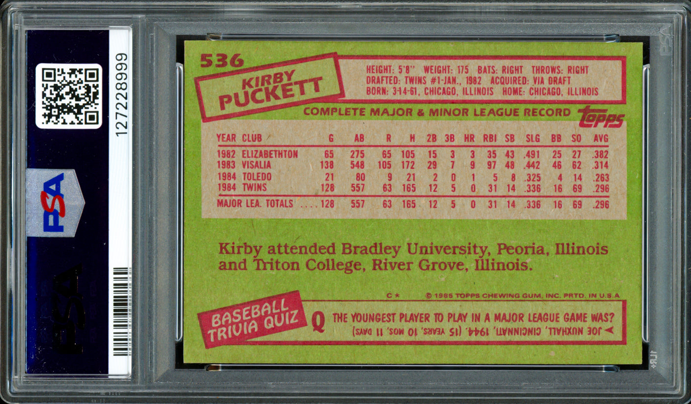 Kirby Puckett Autographed 1985 Topps Rookie Card #536 Minnesota Twins PSA 8 Auto Grade Gem Mint 10 PSA/DNA #127228999