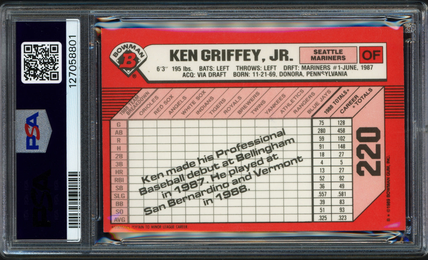 Ken Griffey Jr. Autographed 1989 Bowman Tiffany Rookie Card #220 Seattle Mariners Auto Grade Gem Mint 10 PSA/DNA #127058801