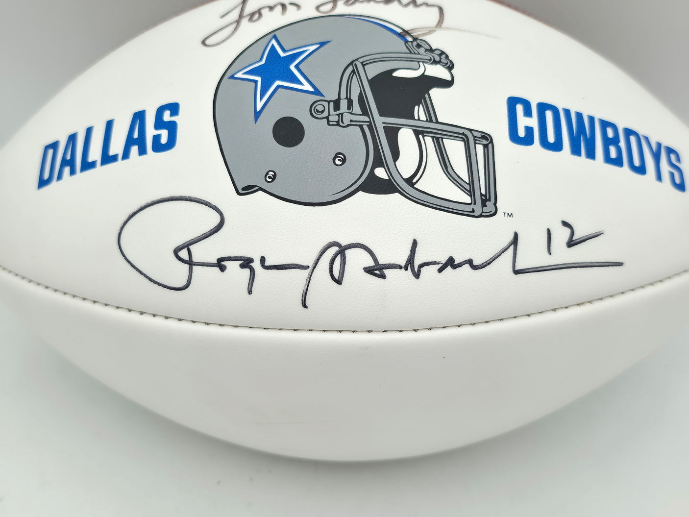 Tom Landry & Roger Staubach Autographed Official NFL Dallas Cowboys Logo White Football JSA #YY62144
