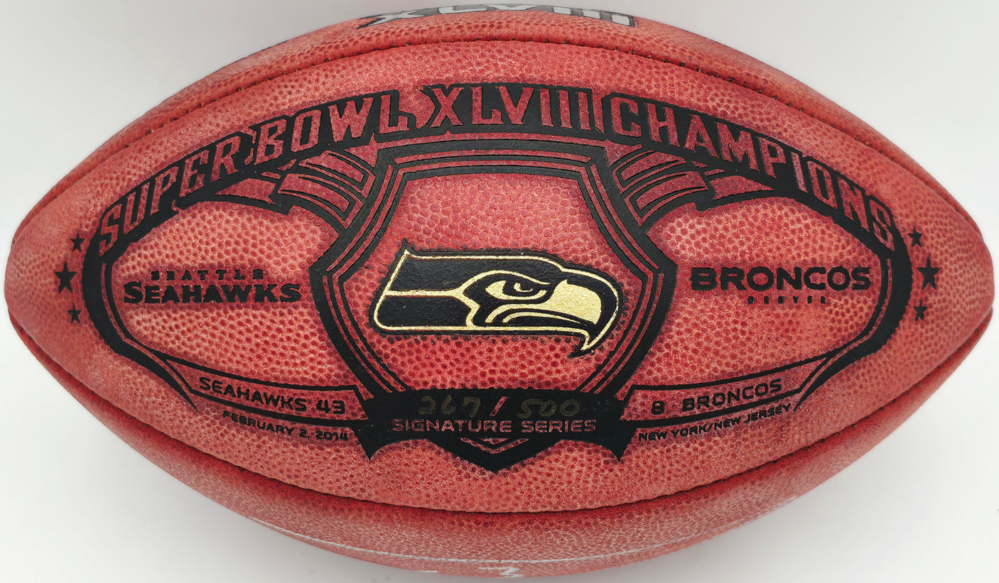 Russell Wilson Autographed Seattle Seahawks Official NFL Leather SB XLVIII Champs Logo Football RW Holo #11508