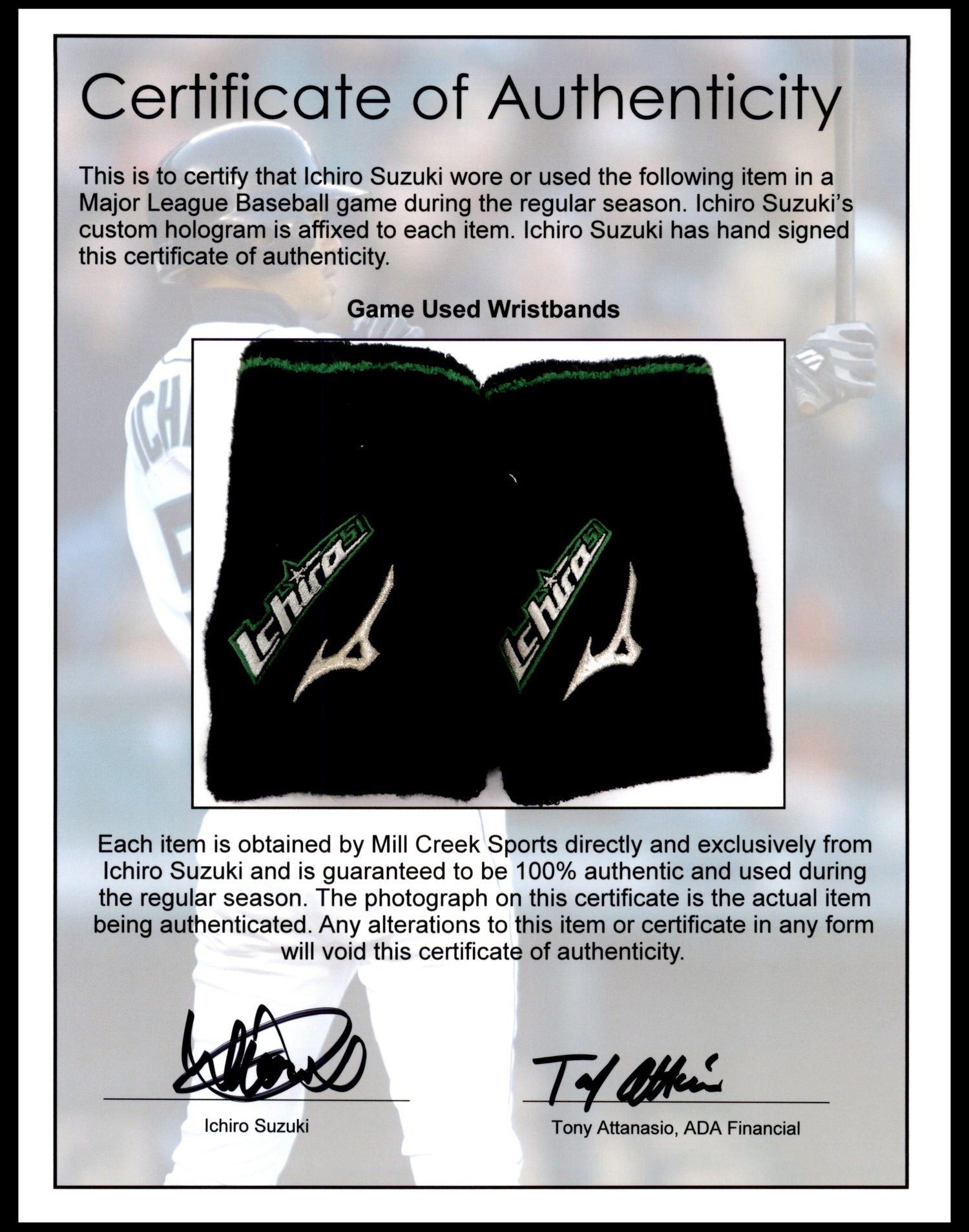 Unsigned Ichiro Suzuki Game Used Mizuno Baseball Wristbands Seattle Mariners With Signed Certificate IS Holo SKU #254189