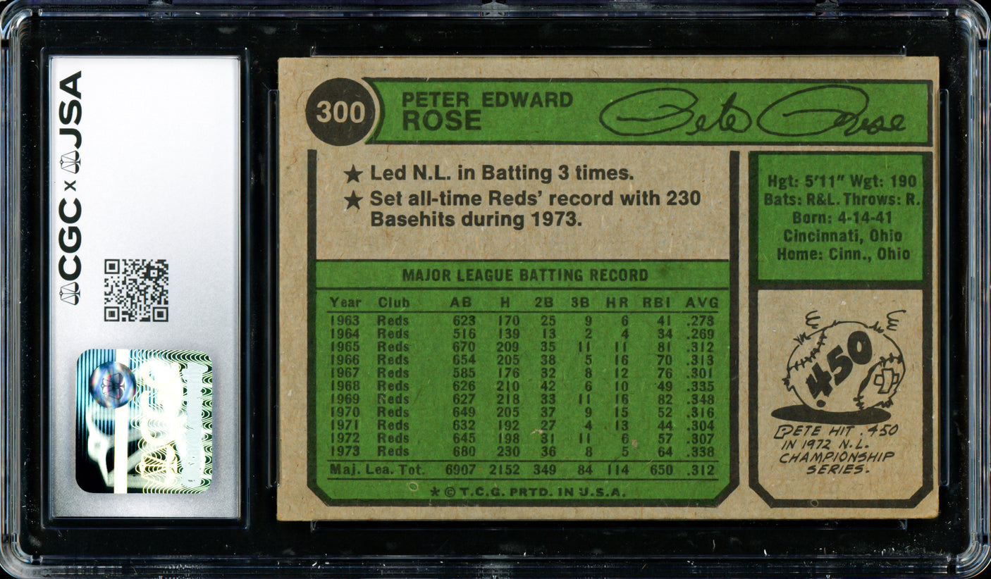 Pete Rose Autographed 1974 Topps Card #300 Cincinnati Reds CGC x JSA #6078174034