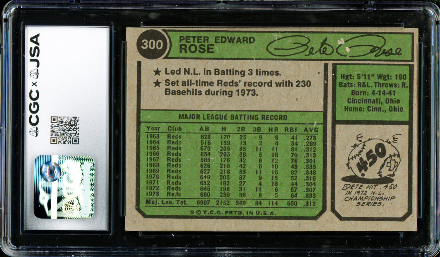 Pete Rose Autographed 1974 Topps Card #300 Cincinnati Reds CGC x JSA #6078174031