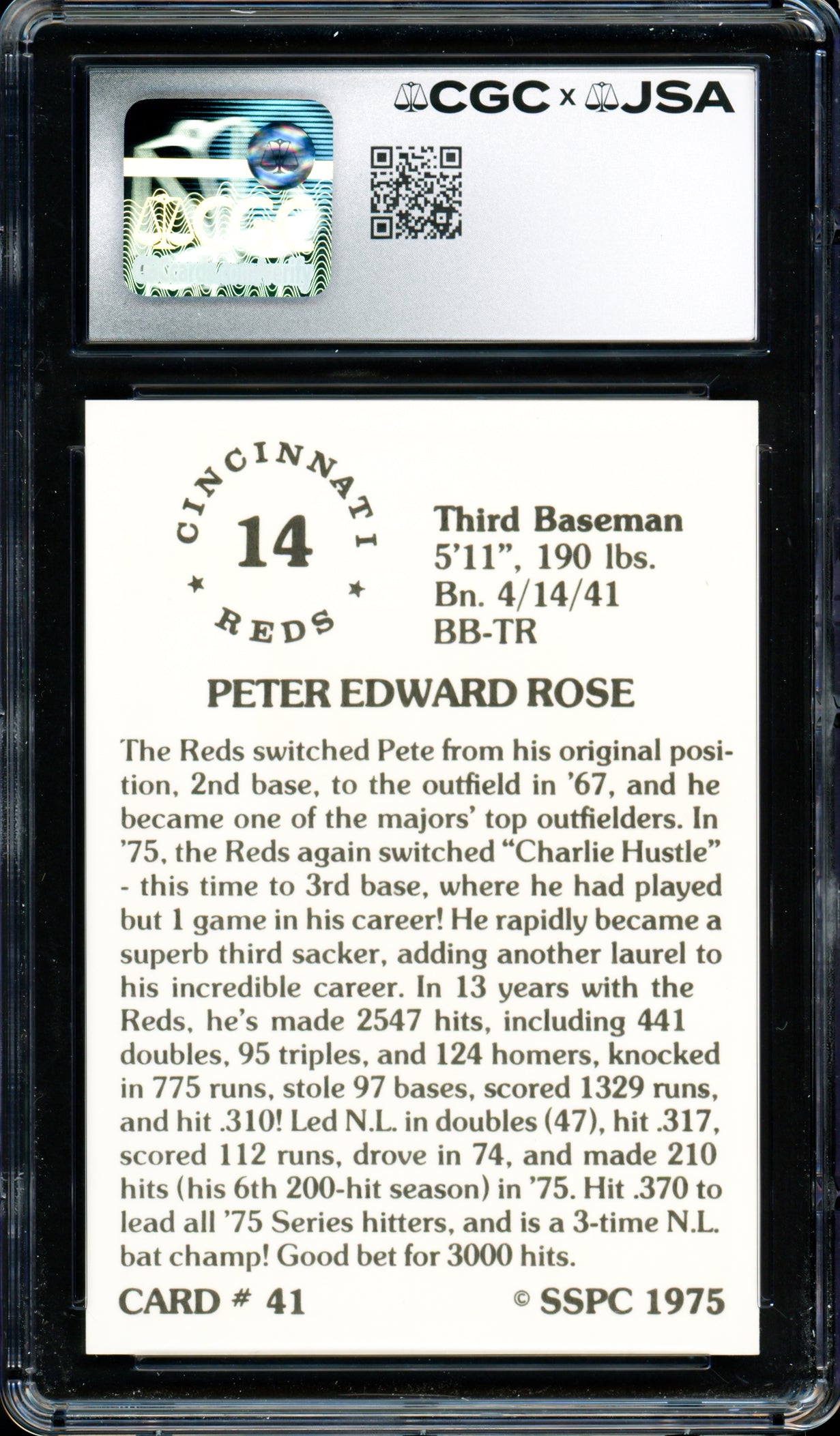 Pete Rose Autographed 1976 SSPC Card #41 Cincinnati Reds Card Grade 10 Auto Grade Gem Mint 10 CGC x JSA #6078174019