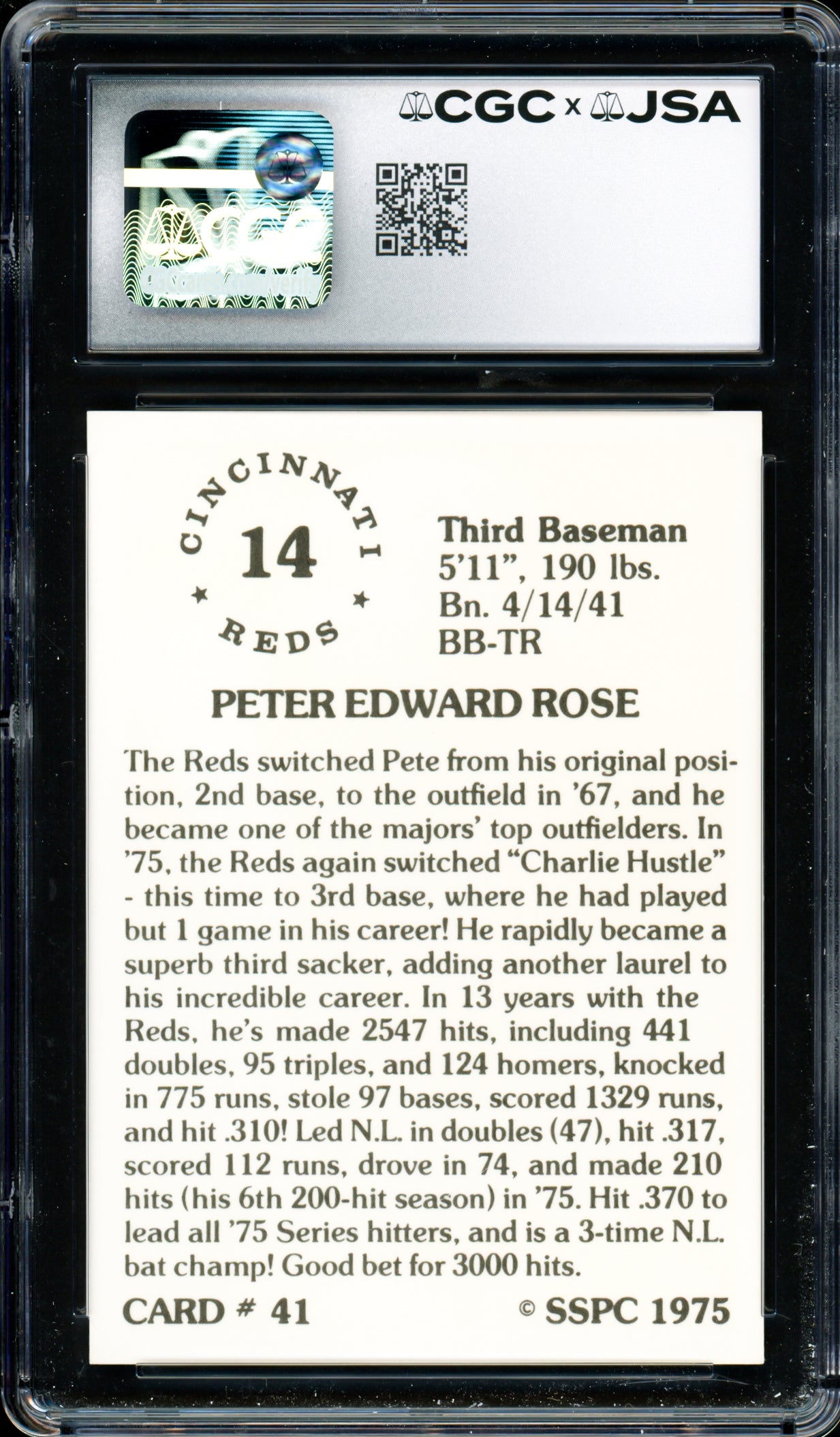 Pete Rose Autographed 1976 SSPC Card #41 Cincinnati Reds Card Grade 10 Auto Grade Gem Mint 10 CGC x JSA #6078174021