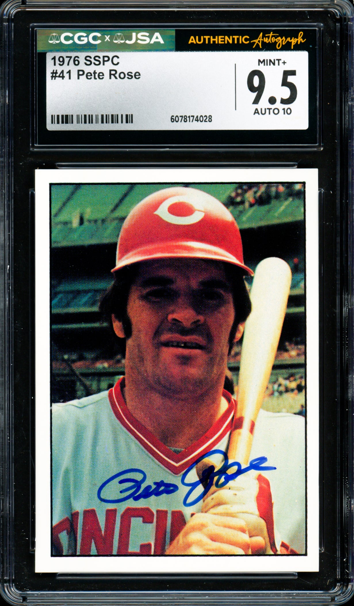Pete Rose Autographed 1976 SSPC Card #41 Cincinnati Reds Card Grade 9.5 Auto Grade Gem Mint 10 CGC x JSA #6078174028