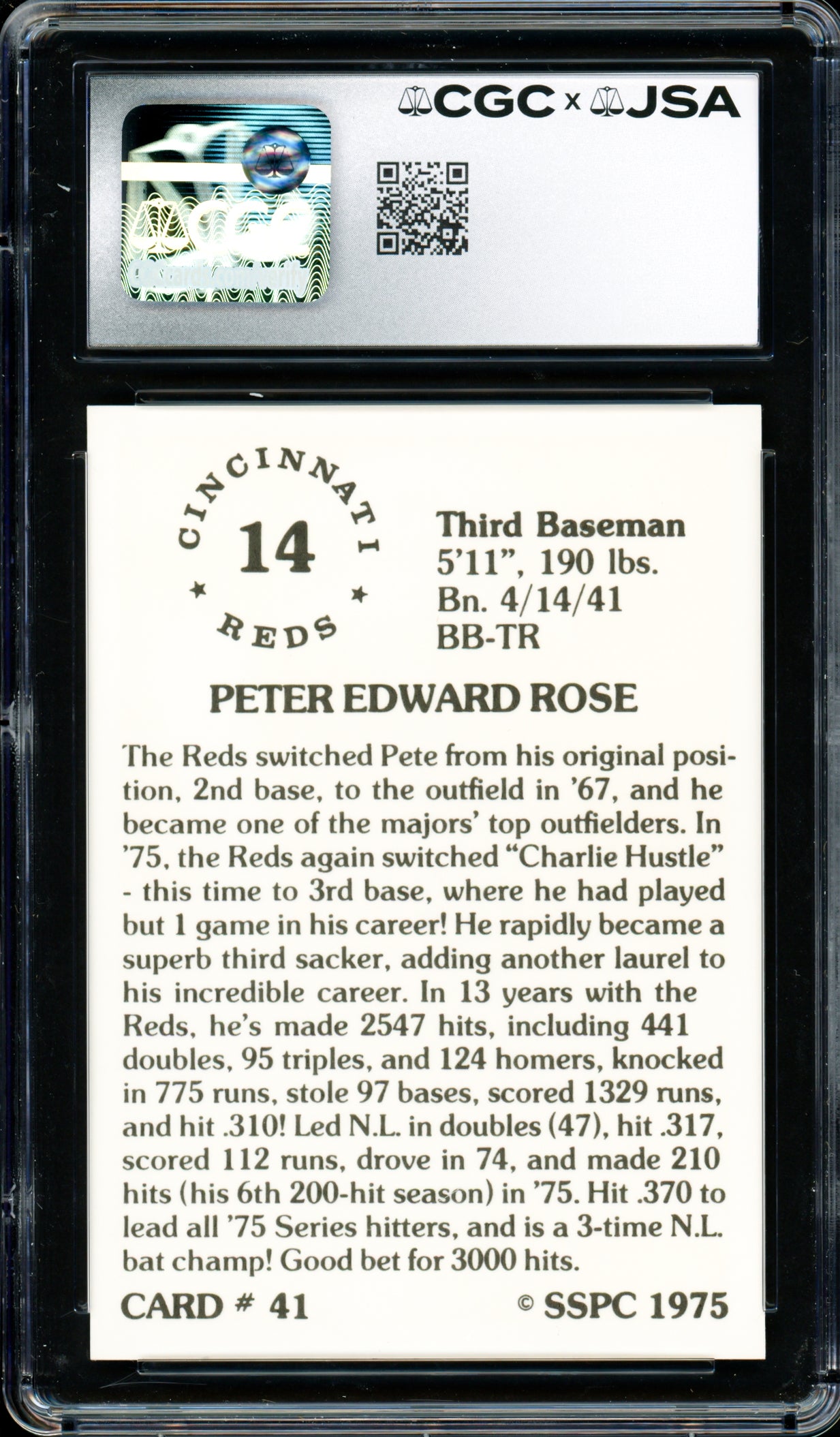 Pete Rose Autographed 1976 SSPC Card #41 Cincinnati Reds Card Grade 9.5 Auto Grade Gem Mint 10 CGC x JSA #6078174026