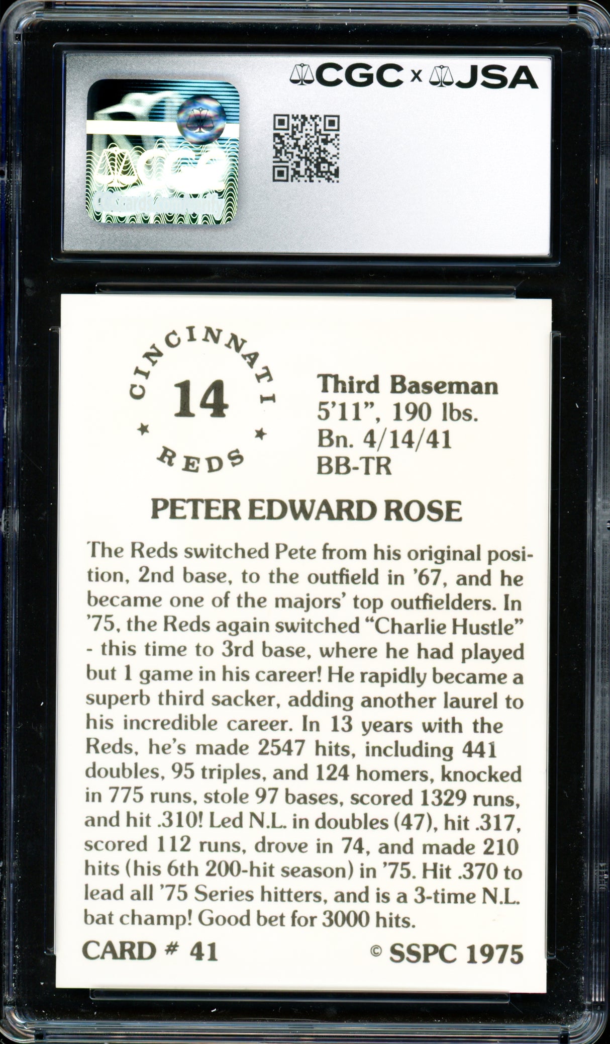 Pete Rose Autographed 1976 SSPC Card #41 Cincinnati Reds Card Grade 9.5 CGC x JSA #6078174014