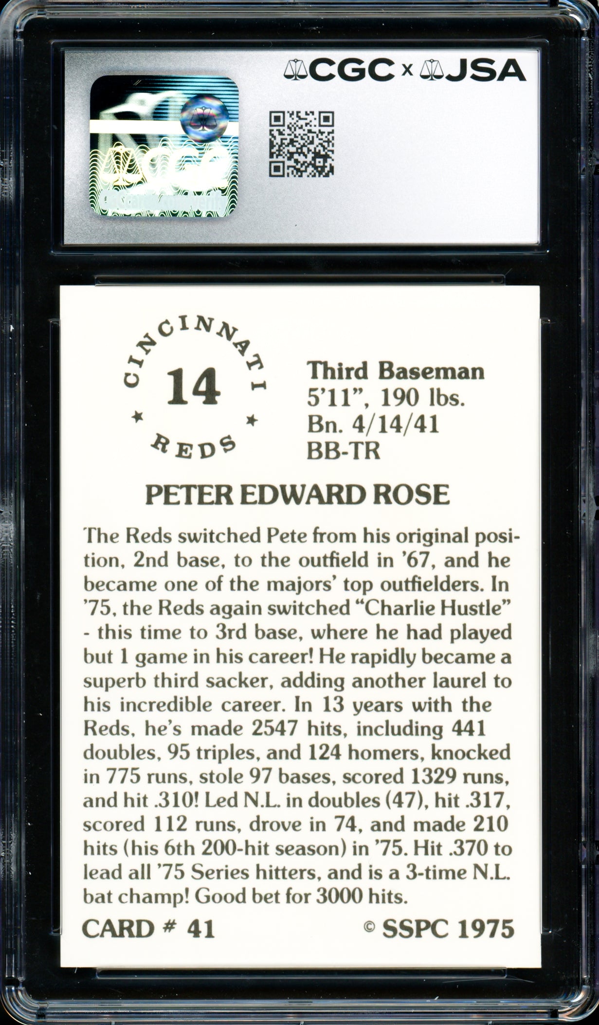 Pete Rose Autographed 1976 SSPC Card #41 Cincinnati Reds Card Grade 9 CGC x JSA #6078174024