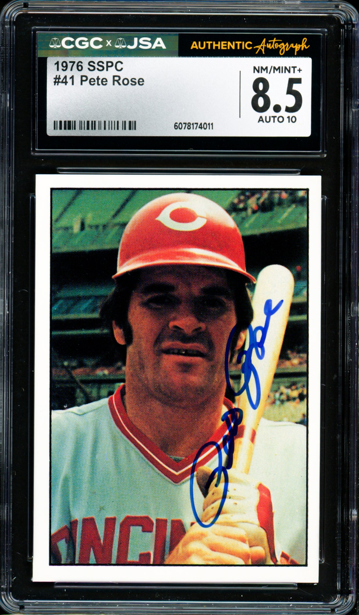 Pete Rose Autographed 1976 SSPC Card #41 Cincinnati Reds Card Grade 8.5 Auto Grade Gem Mint 10 CGC x JSA #6078174011