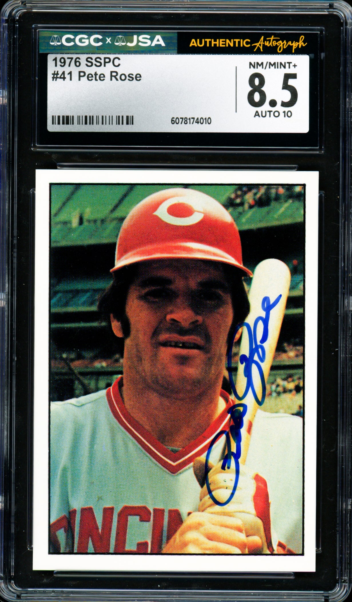 Pete Rose Autographed 1976 SSPC Card #41 Cincinnati Reds Card Grade 8.5 Auto Grade Gem Mint 10 CGC x JSA #6078174010