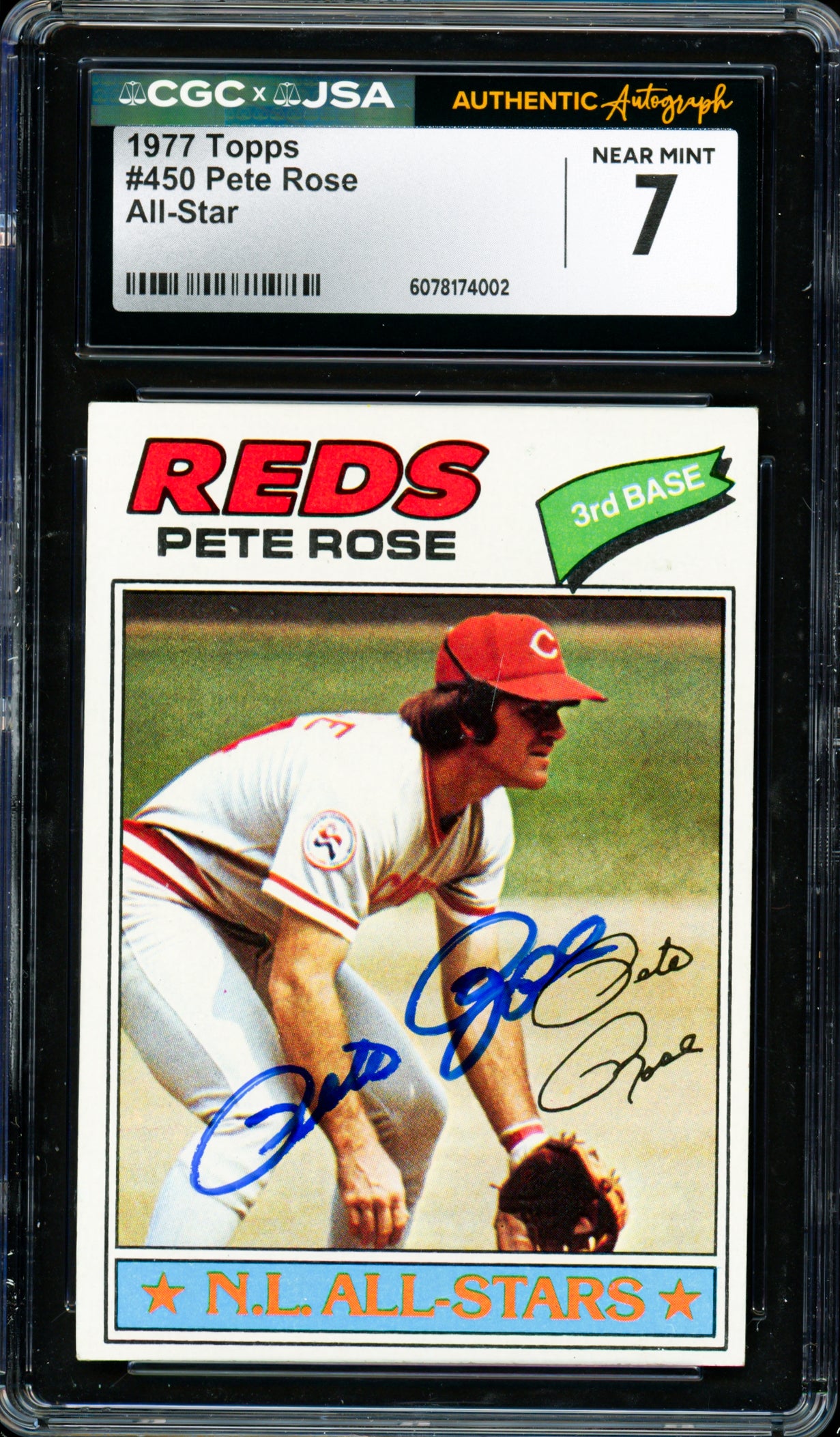 Pete Rose Autographed 1977 Topps Card #450 Cincinnati Reds Card Grade 7 CGC x JSA #6078174002