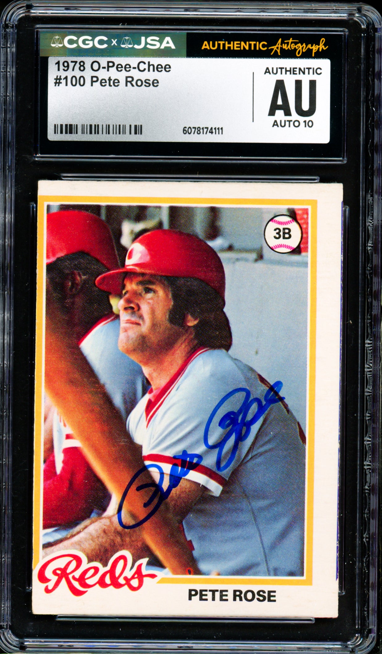 Pete Rose Autographed 1978 O-Pee-Chee Card #100 Cincinnati Reds Auto Grade Gem Mint 10 CGC x JSA #6078174111