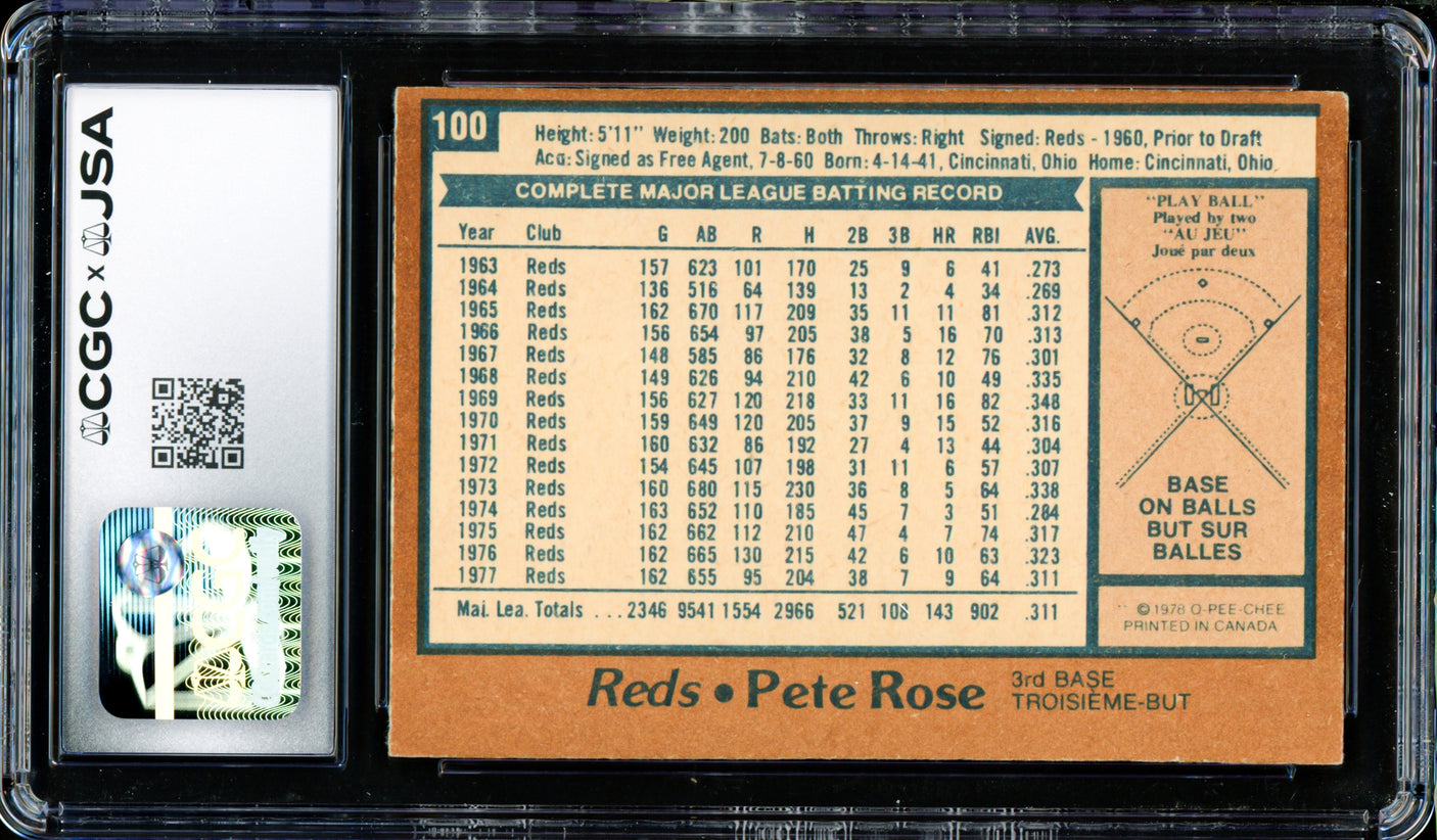 Pete Rose Autographed 1978 O-Pee-Chee Card #100 Cincinnati Reds Auto Grade Gem Mint 10 CGC x JSA #6078174111