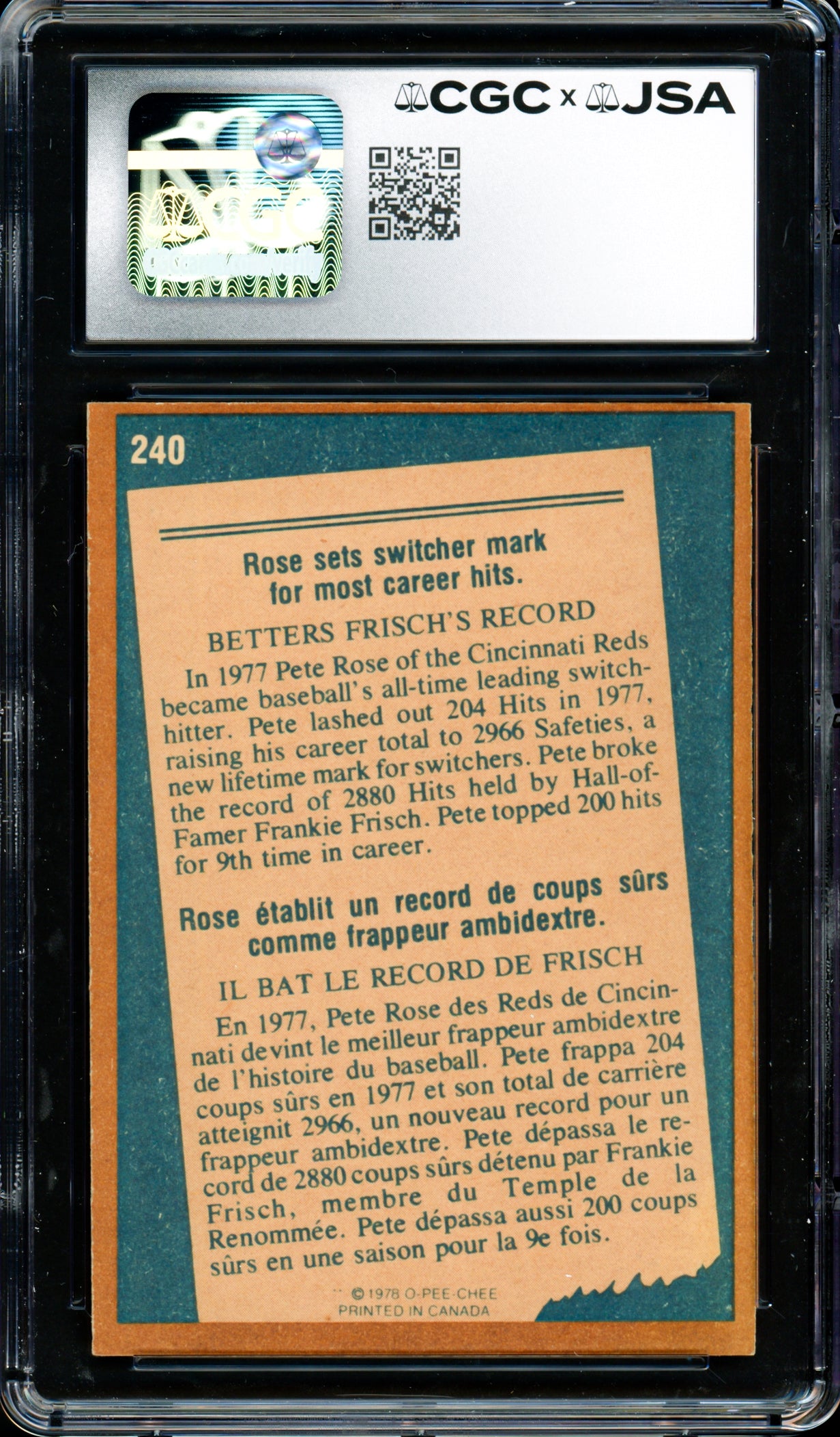 Pete Rose Autographed 1978 O-Pee-Chee Card #240 Cincinnati Reds CGC x JSA #6078174089