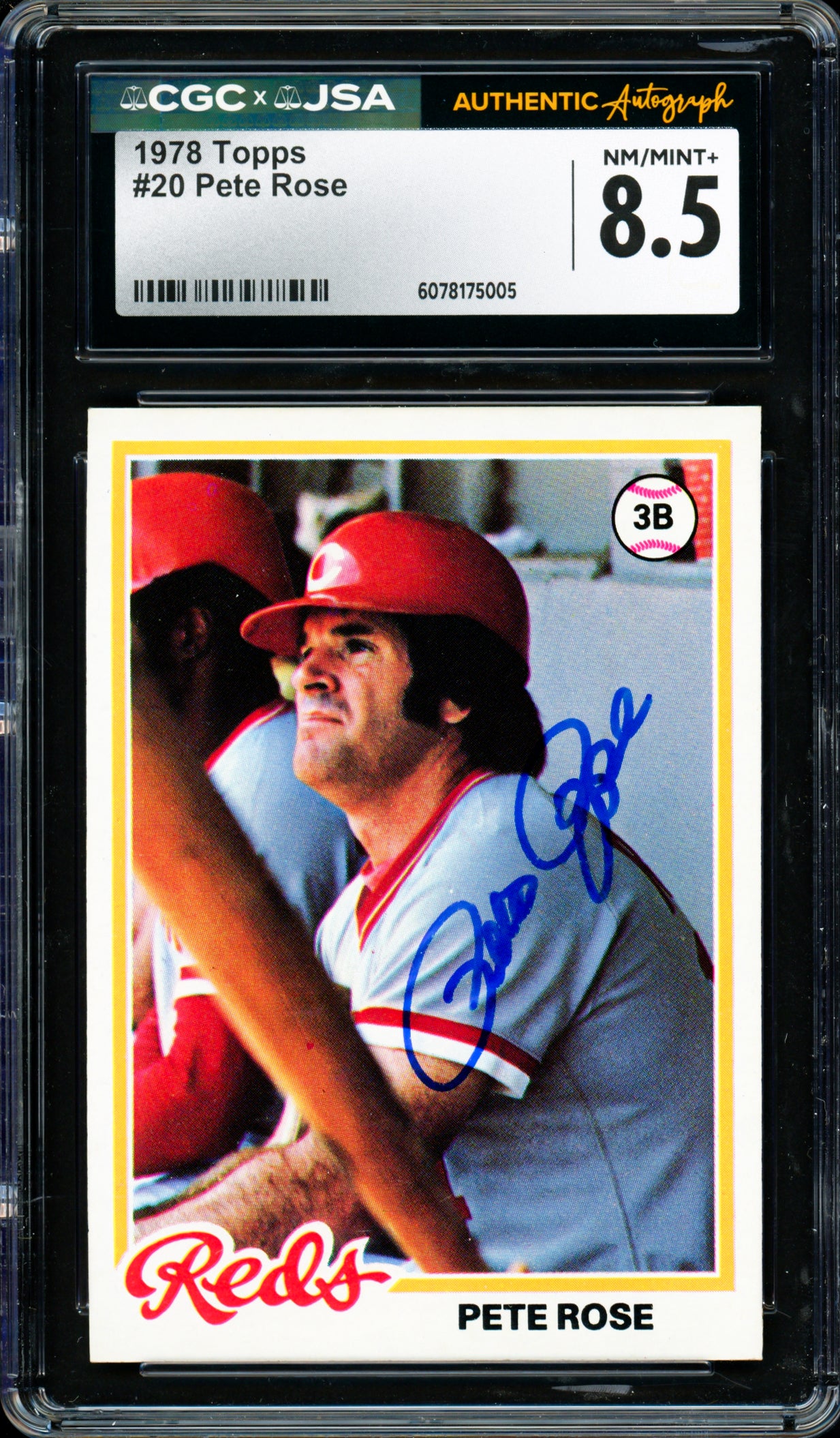 Pete Rose Autographed 1978 Topps Card #20 Cincinnati Reds Card Grade 8.5 CGC x JSA #6078175005