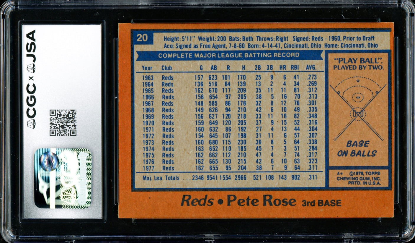 Pete Rose Autographed 1978 Topps Card #20 Cincinnati Reds Auto Grade Gem Mint 10 CGC x JSA #6078174212
