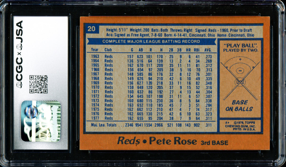 Pete Rose Autographed 1978 Topps Card #20 Cincinnati Reds CGC x JSA #6078174133