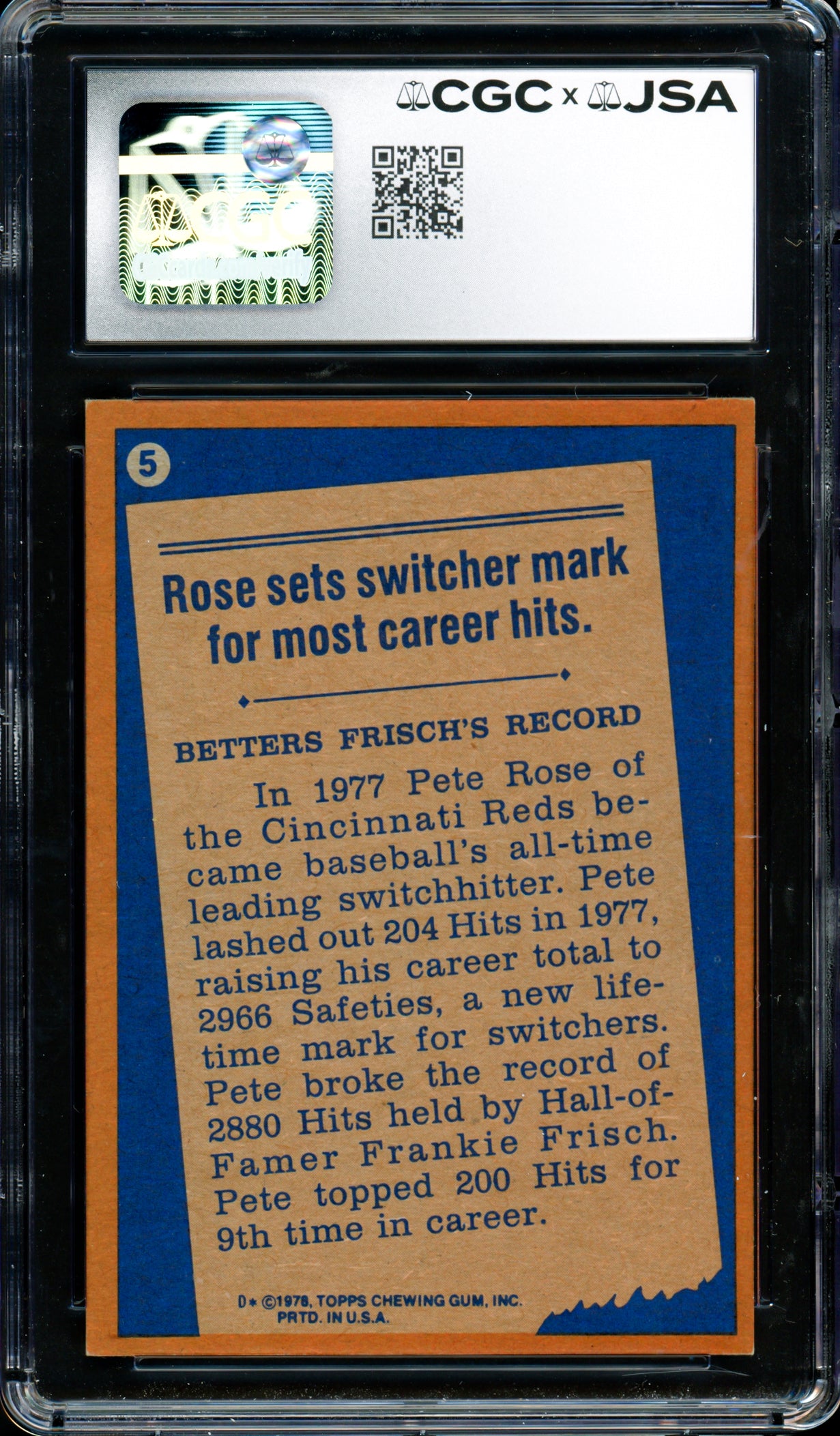 Pete Rose Autographed 1978 Topps Card #5 Cincinnati Reds Card Grade 7.5 CGC x JSA #6078174104