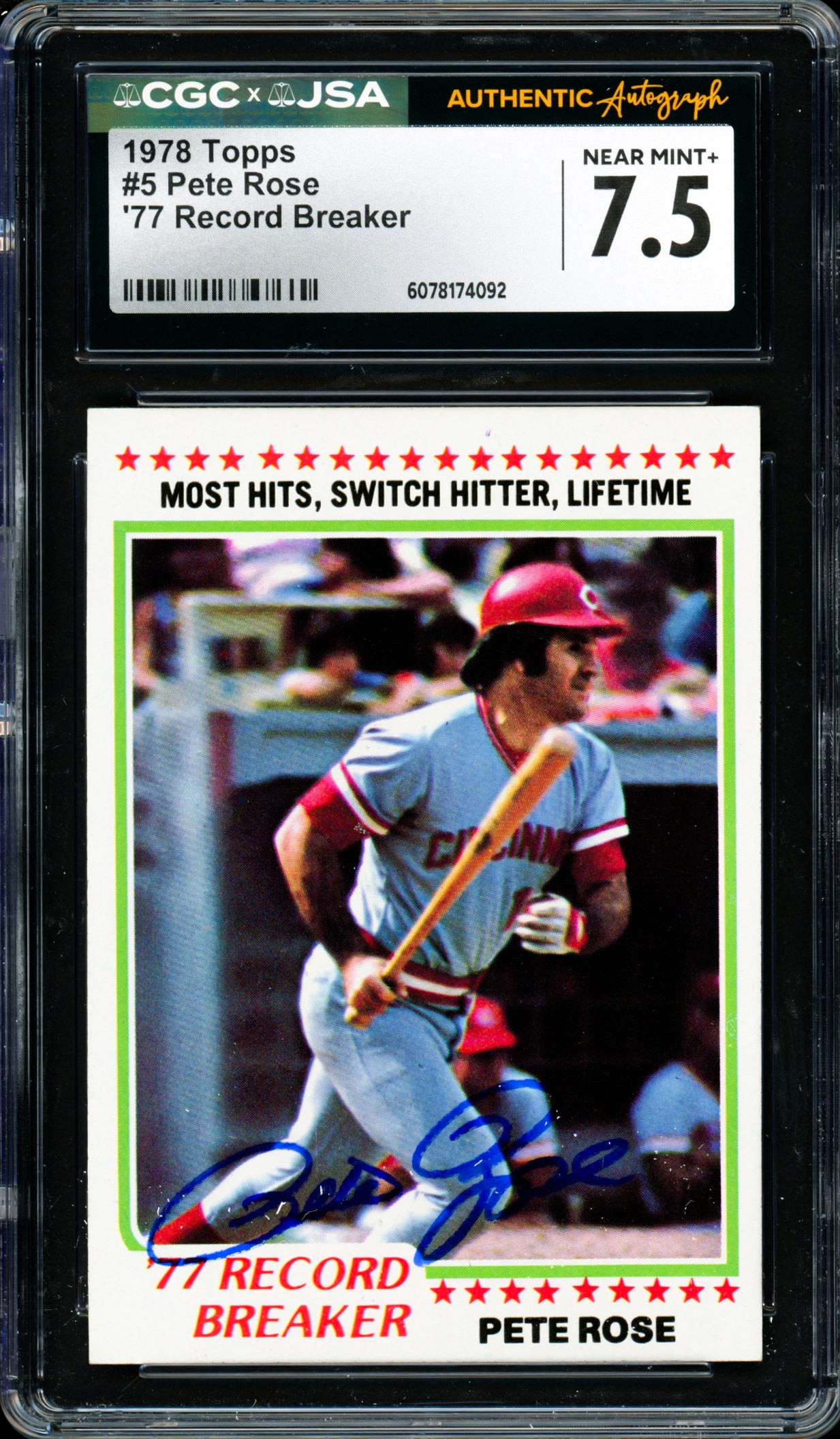 Pete Rose Autographed 1978 Topps Card #5 Cincinnati Reds Card Grade 7.5 CGC x JSA #6078174092