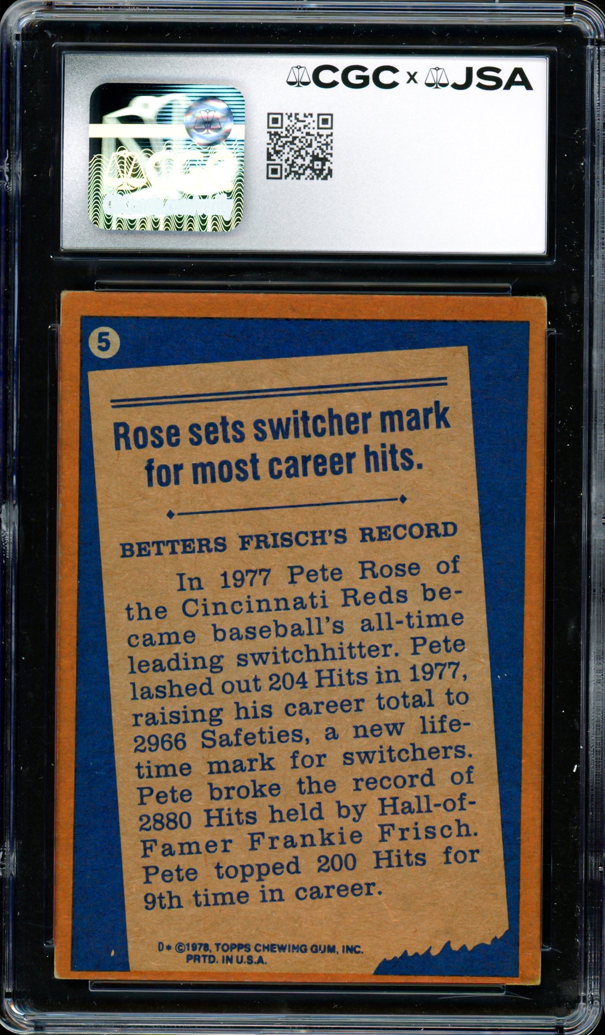 Pete Rose Autographed 1978 Topps Card #5 Cincinnati Reds CGC x JSA #6078174099