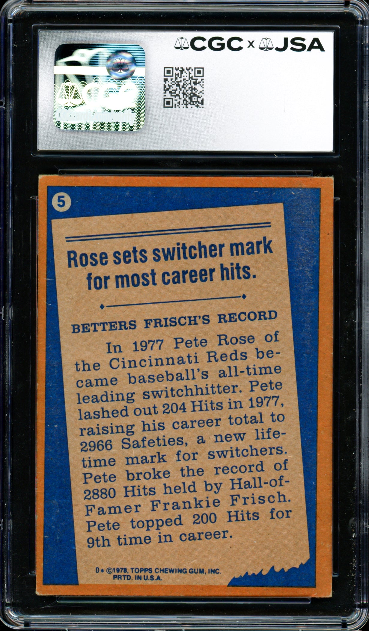 Pete Rose Autographed 1978 Topps Card #5 Cincinnati Reds CGC x JSA #6078174101