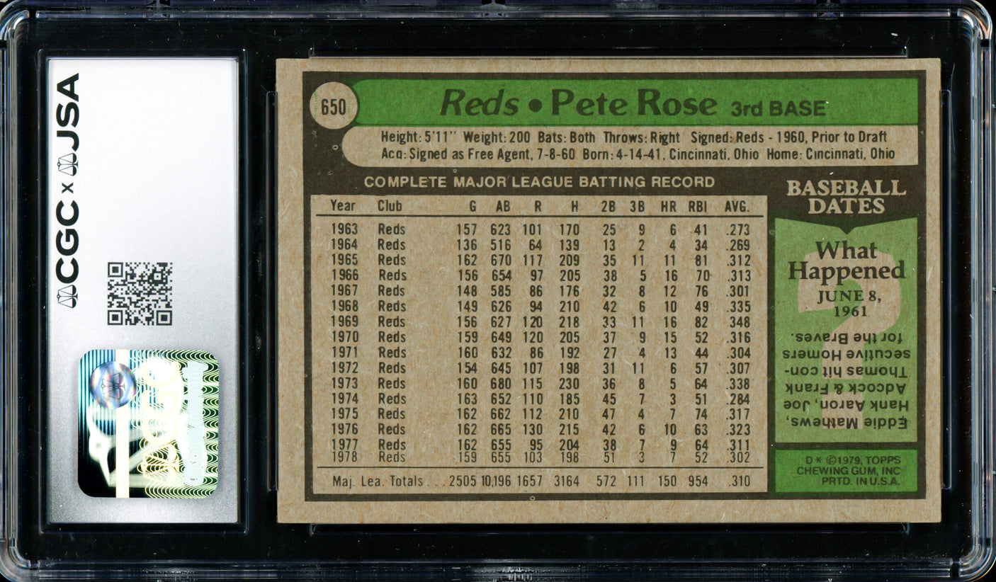 Pete Rose Autographed 1979 Topps Card #650 Cincinnati Reds Card Grade 8 CGC x JSA #6078174051