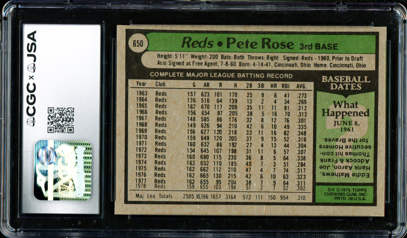 Pete Rose Autographed 1979 Topps Card #650 Cincinnati Reds Card Grade 7 CGC x JSA #6078174069