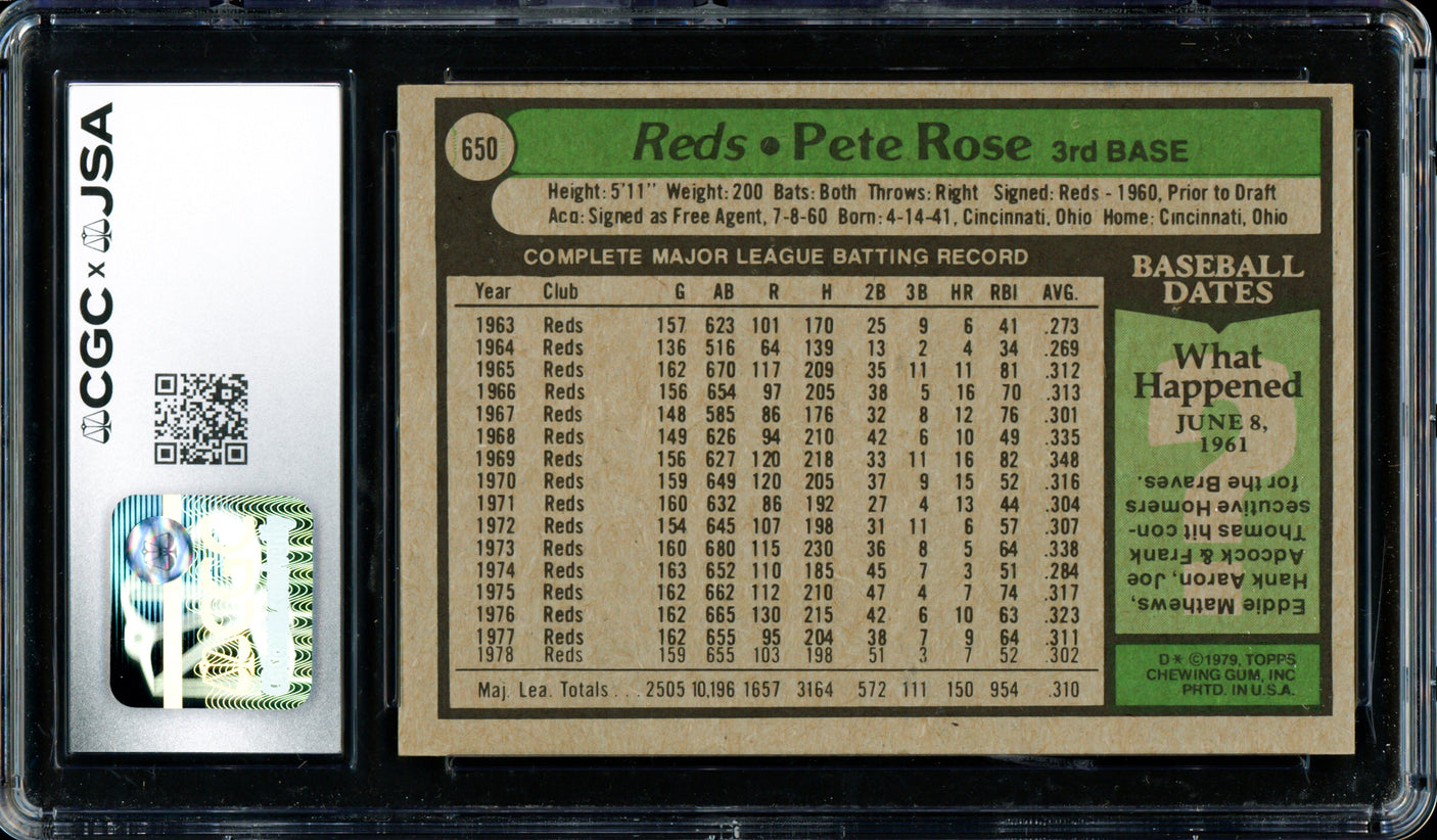 Pete Rose Autographed 1979 Topps Card #650 Cincinnati Reds Card Grade 7 CGC x JSA #6078174068