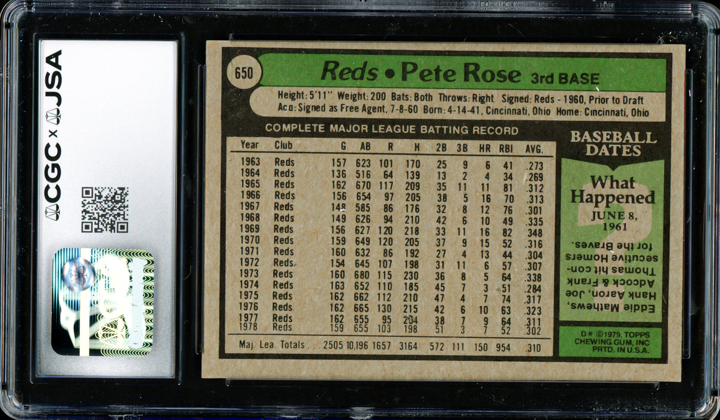 Pete Rose Autographed 1979 Topps Card #650 Cincinnati Reds CGC x JSA #6078174065