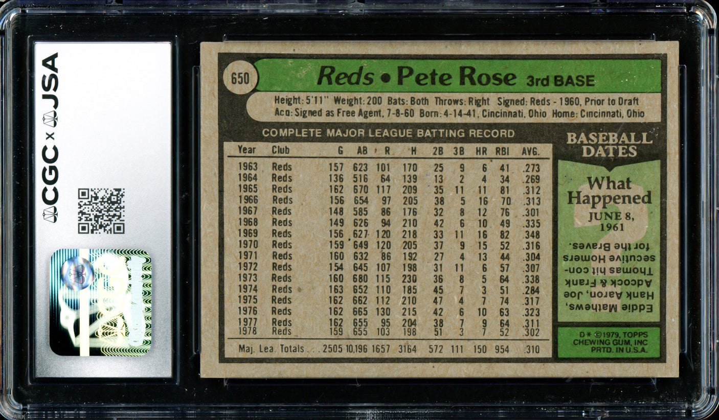 Pete Rose Autographed 1979 Topps Card #650 Cincinnati Reds Card Grade 7 CGC x JSA #6078174067
