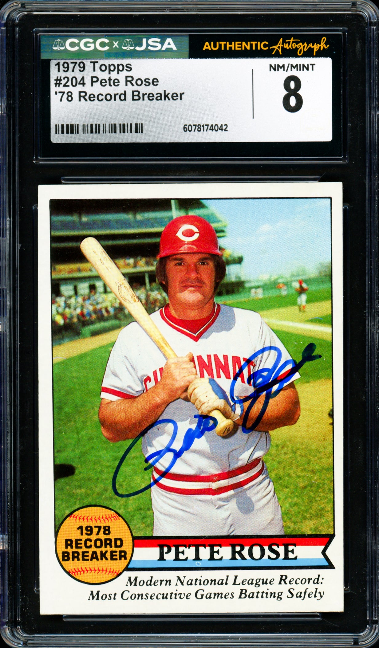 Pete Rose Autographed 1979 Topps Card #204 Cincinnati Reds Card Grade 8 CGC x JSA #6078174042