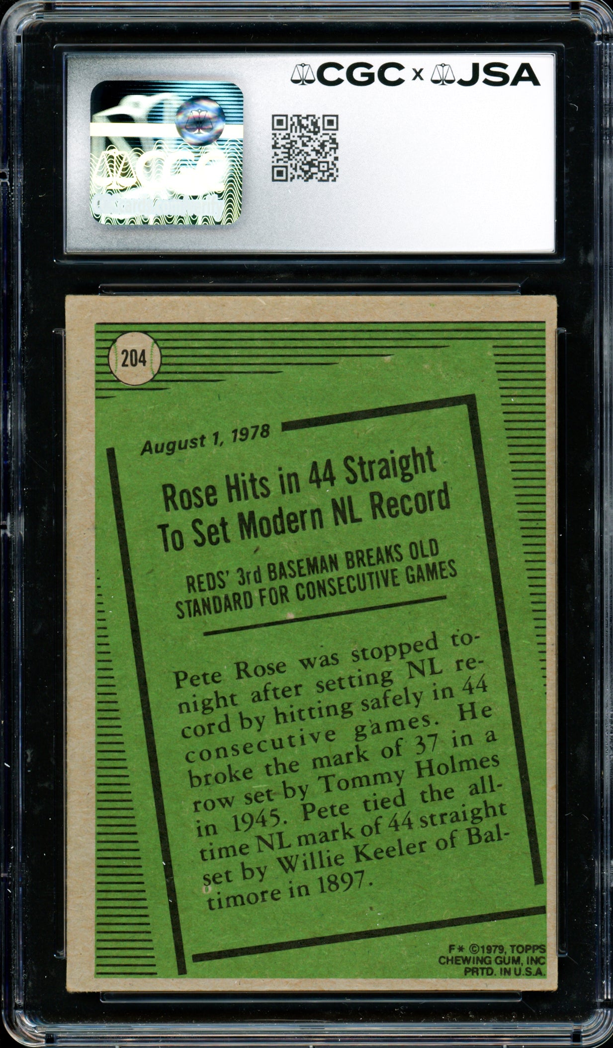 Pete Rose Autographed 1979 Topps Card #204 Cincinnati Reds CGC x JSA #6078174047