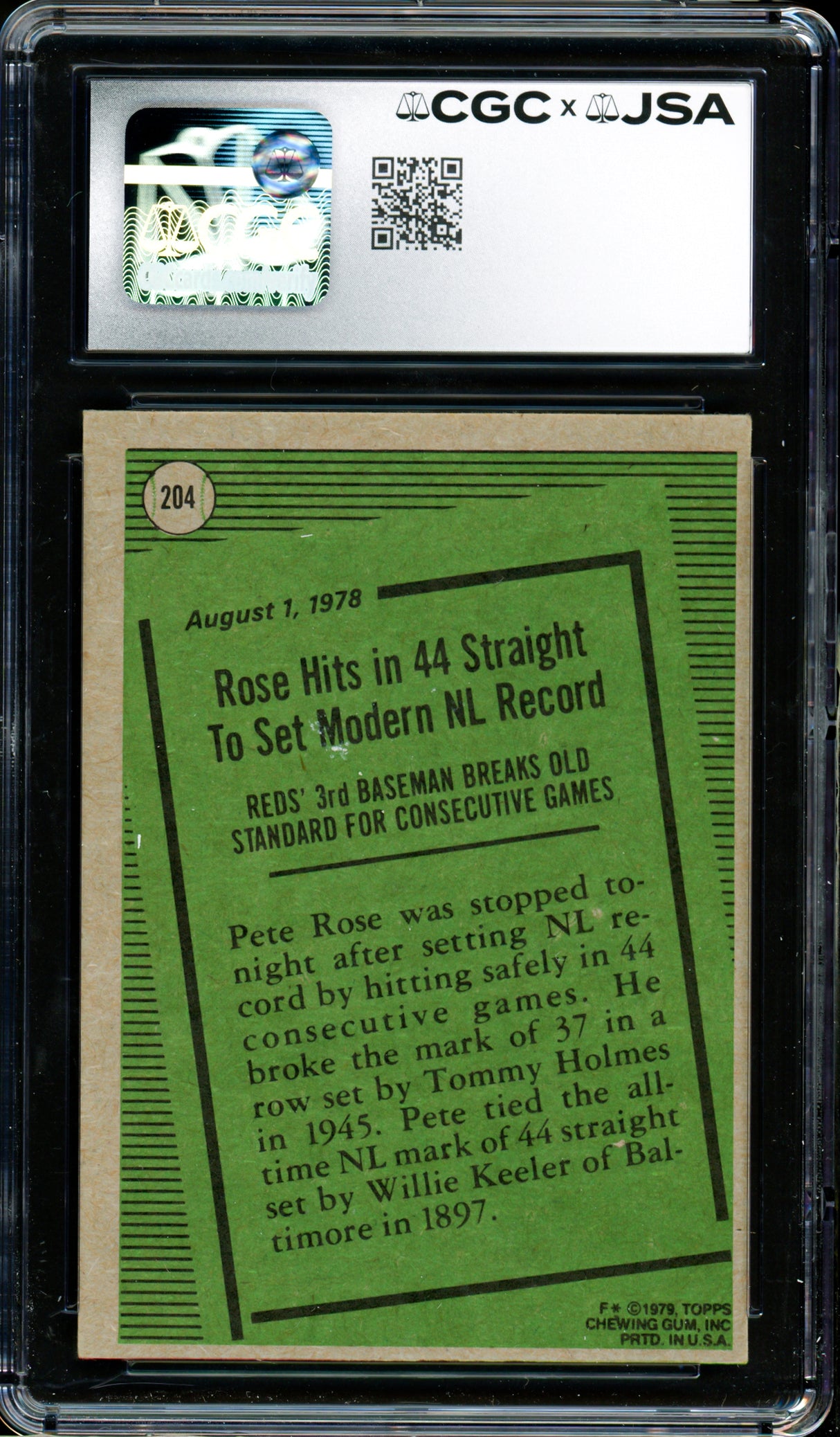 Pete Rose Autographed 1979 Topps Card #204 Cincinnati Reds CGC x JSA #6078174046