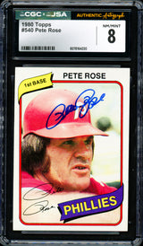 Pete Rose Autographed 1980 Topps Card #540 Philadelphia Phillies Card Grade 8 CGC x JSA #6078164220